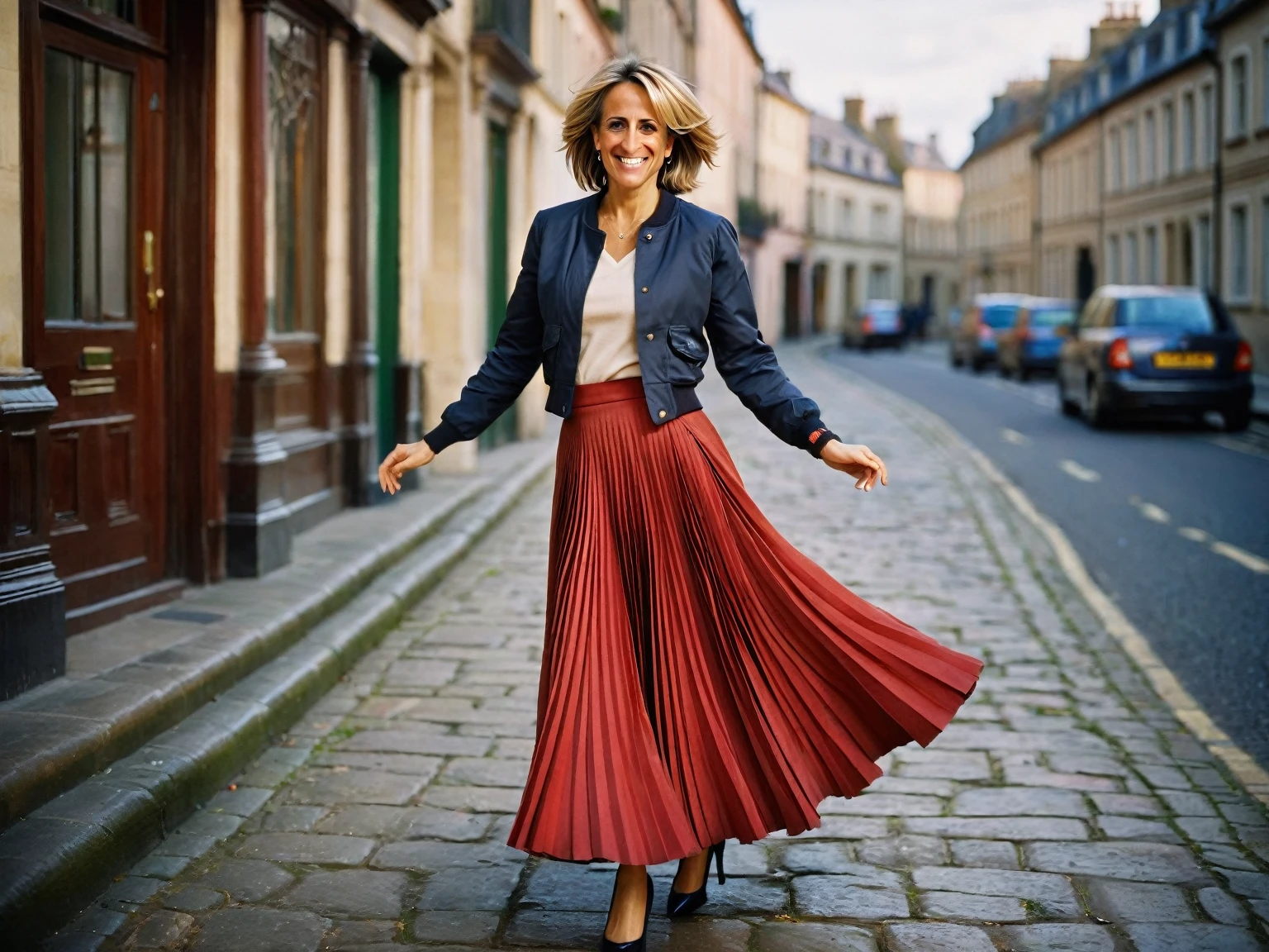 Emily Maitlis, A smiling, authentic, (shy:1,3), kind, beautiful woman, is passionately in love with her skirt, wind wildly lifts her skirt, wearing uniform jacket and very, very detailed (long (fully pleated) full circle skirt) and (low heeled court shoes), very, very intricate hyper-detailed symmetric (attractive graceful young feminine face) with (sad, tired eyes and a loving smile), very voluptuous breasts, full of empathy and compassion and love, (pronounced (feminine) features), (highly detailed ultra accurate realistic) hands and fingers, (windy), epic composition, highly detailed attributes, (35mm f1.4 Kodak portra 400 photograph), extremely high quality RAW photograph, highly detailed atmosphere, sci-fi, cinematic shot, dynamic lighting, 75mm, Technicolor, Panavision, cinemascope, sharp focus, fine details, 8k, HDR, realism, realistic, key visual, film still, superb cinematic color grading, depth of field