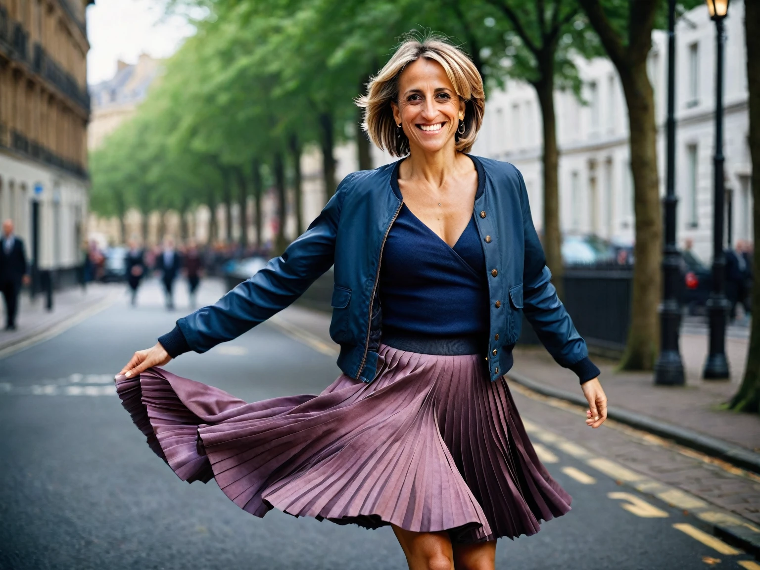 Emily Maitlis, A smiling, authentic, (shy:1,3), kind, beautiful woman, is passionately in love with her skirt, wind wildly lifts her skirt, wearing uniform jacket and very, very detailed (long (fully pleated) full circle skirt) and (low heeled court shoes), very, very intricate hyper-detailed symmetric (attractive graceful young feminine face) with (sad, tired eyes and a loving smile), very voluptuous breasts, full of empathy and compassion and love, (pronounced (feminine) features), (highly detailed ultra accurate realistic) hands and fingers, (windy), epic composition, highly detailed attributes, (35mm f1.4 Kodak portra 400 photograph), extremely high quality RAW photograph, highly detailed atmosphere, sci-fi, cinematic shot, dynamic lighting, 75mm, Technicolor, Panavision, cinemascope, sharp focus, fine details, 8k, HDR, realism, realistic, key visual, film still, superb cinematic color grading, depth of field