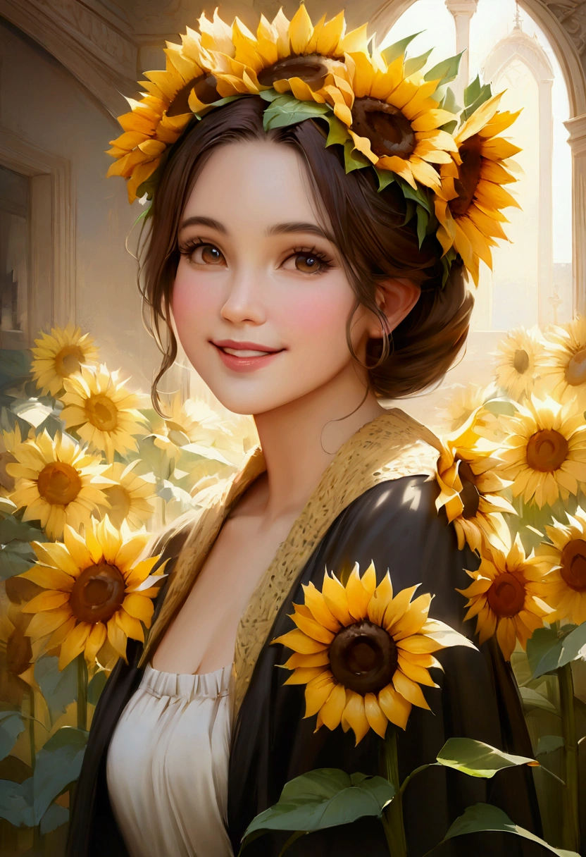 (highest quallity,high resolution,work of art:1.2),disney princesses,soft natural light,This'It's like an anthropomorphized sunflower.,A big smile,artistic expression,sunflower crown,Realistic representation
