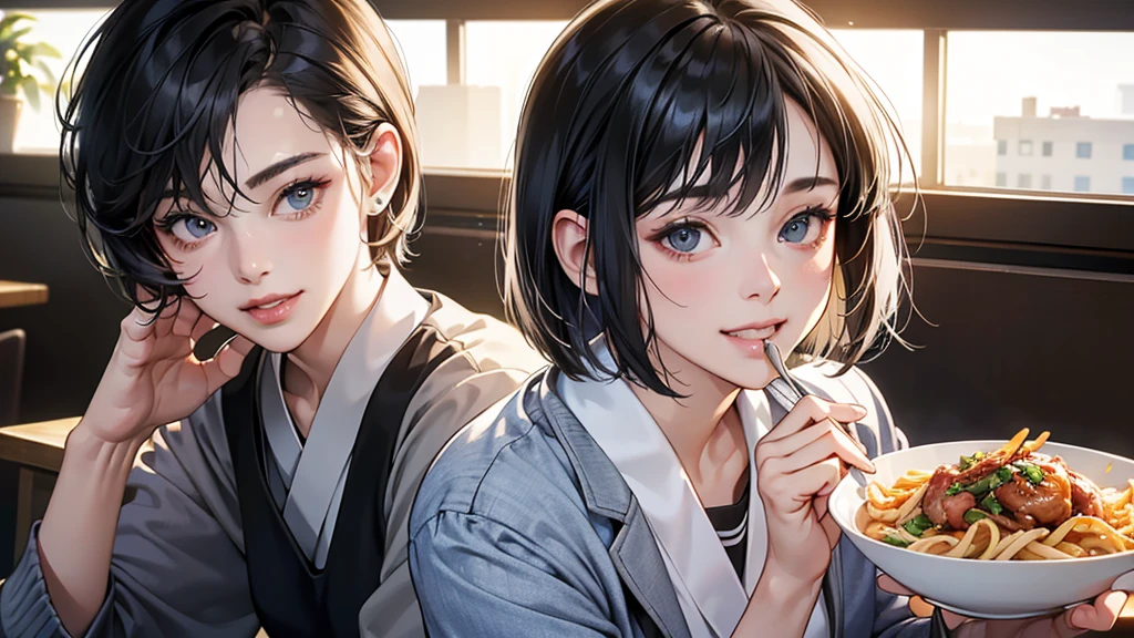 (perfect anatomy:1.2)(absurdres, highres, ultra detailed),masterpiece,best quality,high resolution,8k,Realistic face,Realistic skin texture,magnified textures, stunning clarity,detailed anime girl,(ultra detailed eyes and face),(1 girl:1.2)21years old,she is office worker,lunch time,Italian restaurant in a Japanese business district,smile,grin:1.2,black hair, bob cut,natural make,grey jacket and pants,white brouse,light look at winfows,sparkling eyes.small nose,roundface,She looks happy,upper body,Italian restaurant
Eating pasta happily