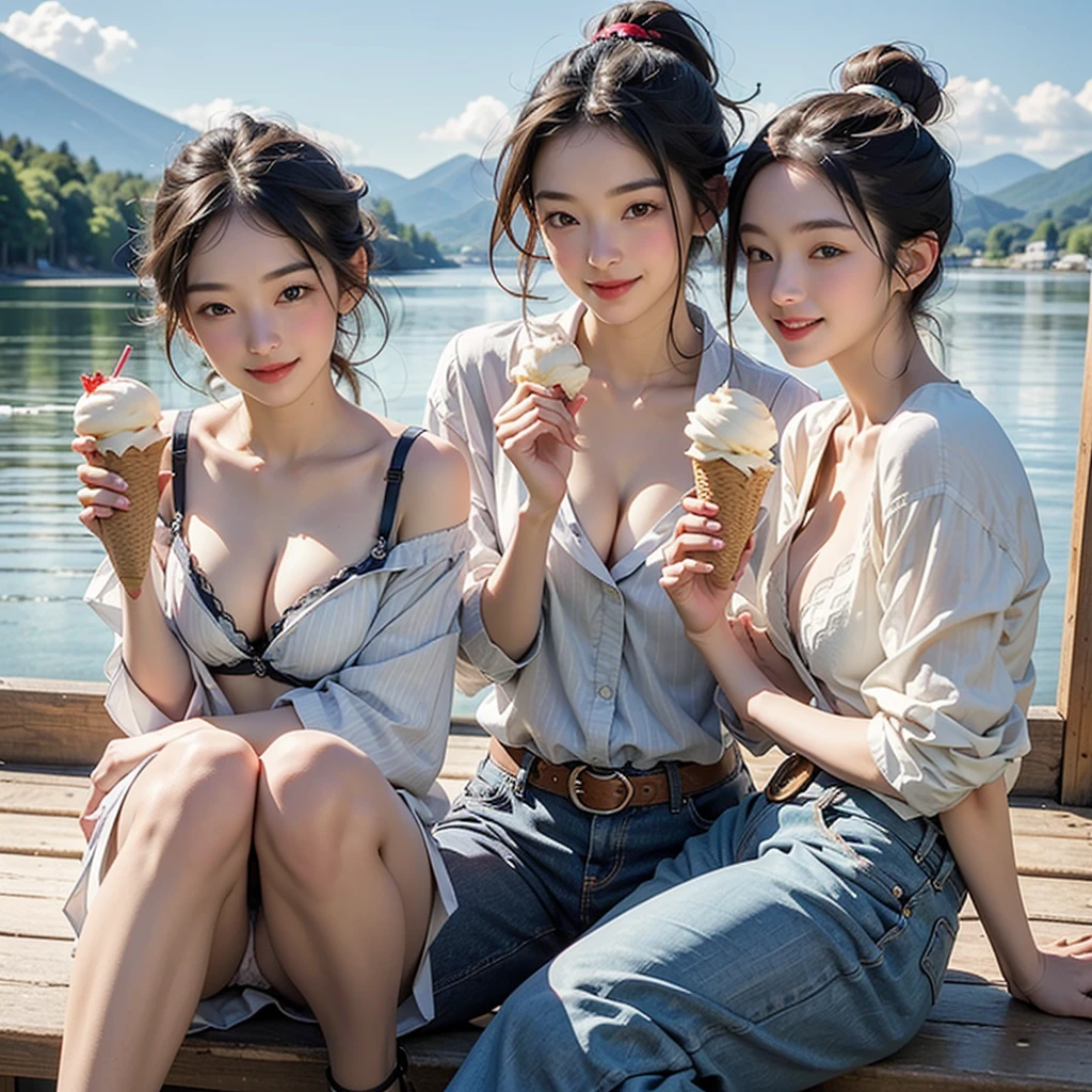 Highest quality、High resolution、Detailed Background、(Beautiful face in every detail:1.4)、Anatomically correct、(Detailed facial expressions)、(Fine grain:1.2)、(Fine grain:1.2)、Teenage Beauty、(Highly detailed face:1.4)、Cute hair colors、ponytail、Bobcut、Cute hairstyle、well-groomed eyebrows、Jokingly、Big smile、Do cute things、Fits on one screen、
(Two beautiful girls eating ice cream to beat the heat at a summer resort:1.5)、
She looks cute eating and licking ice cream with a smile on her face..、
light dress、Flower and fruit pattern、Brightly colored and patterned dresses, stripes, etc.、
Pair it with cool shoes like sandals or espadrilles..、
Off-the-shoulder tops in bright colors and vibrant patterns、Denim shorts for a light look、A shirt dress is an item that gives a clean impression..、
Brightly colored or striped shirt dresses、Tie the belt around your waist to enhance your style。、
Lake Kawaguchi and the Yamanashi Five Lakes:Located at the foot of the mountain. Fuji Mountain, Lake Kawaguchi and the Five Lakes are a summer resort surrounded by beautiful nature.、Walking along the lake and taking a boat ride、. Fuji Mountain.
((((Emphasize cleavage))))
((((Panties and bra are visible))))