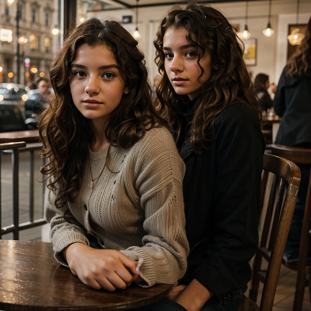young woman, 19 years old, iPhone camera, curly hair , Beau, 16 years old, city of london, Sitting in a cafe, winter, dark light,