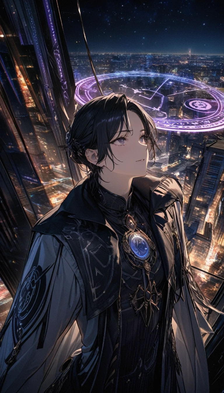 best quality, Ultra-high quality, 16K, Ridiculous, Very detailed, Delicate and dynamic, mysterious,Two characters， A man looks up at the starry sky with a demon standing behind him，Costume，City，Night view，The Glory of the Magic Circle，The character is at the bottom of the screen，Vision，