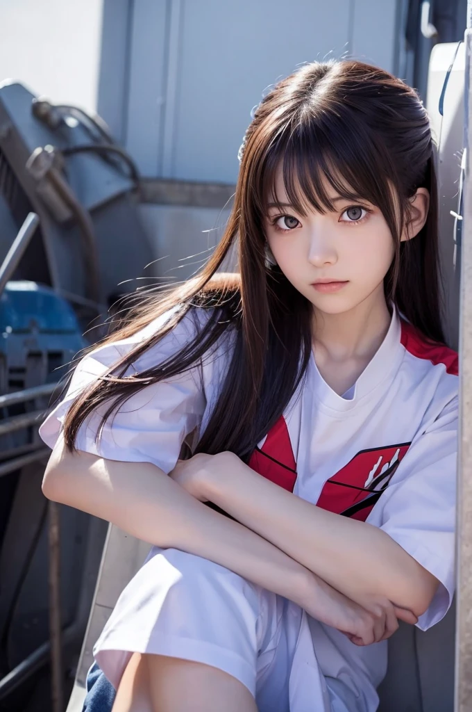 An anime girl folds her arms in front of the Evangelion Unit 01
