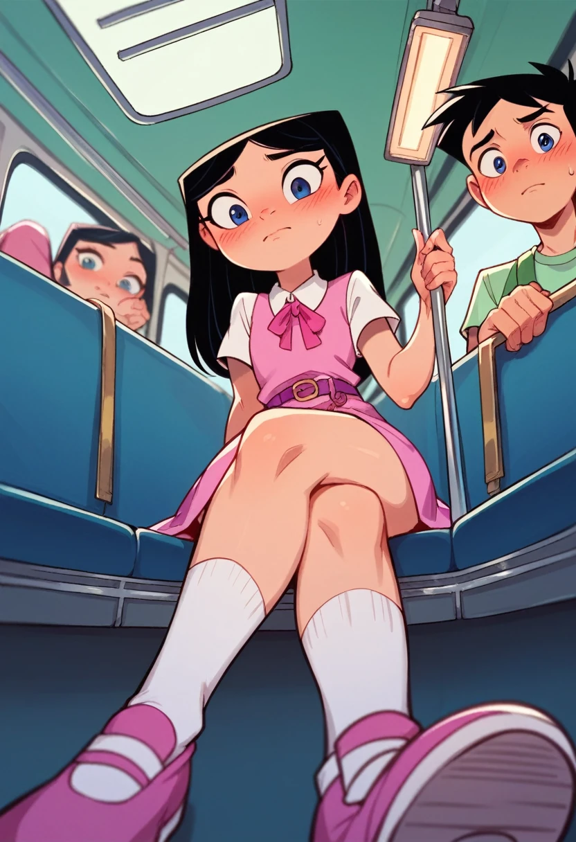 pov, isabella, sitting, looking at viewer, inside a train, pink tight dress, pink ribbon, black hair, white short sleeves, belt, blue eyes, dick flash, penis, blushing, white socks, pink shoes, crossed legs, from below