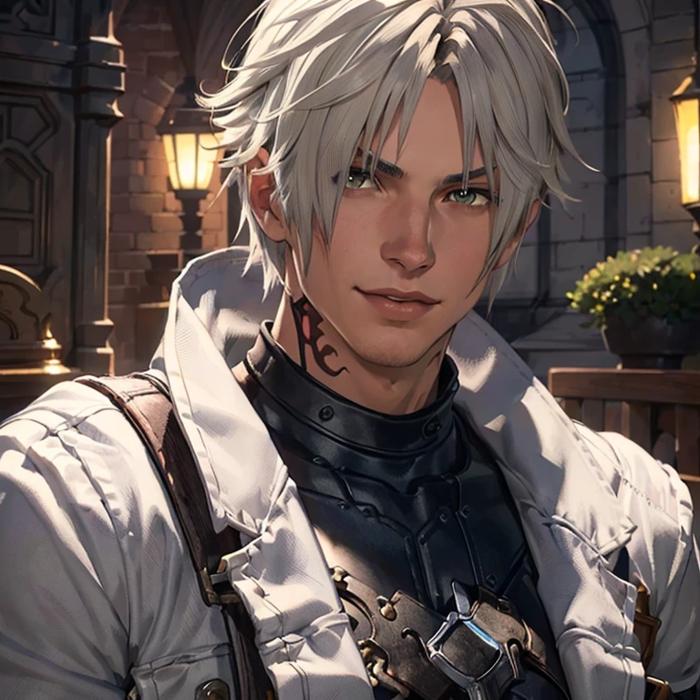 Thancred Waters,,(masterpiece:1.4),(best quality:1.4), (amazing), (great illustration:1.4), (ultra-detailed:1.4), (art CG, 8K),(1man:1.4),solo,smile