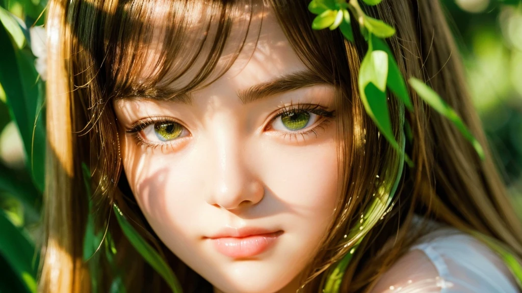 High-resolution portrait of a young woman with large, expressive almond-shaped eyes, long eyelashes, and a soft gaze. Bright green irises with golden flecks, reflecting warm sunlight. Photorealistic style with attention to detail in the eye area