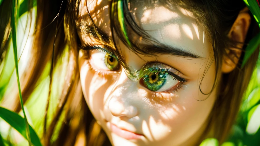 High-resolution portrait of a young woman with large, expressive almond-shaped eyes, long eyelashes, and a soft gaze. Bright green irises with golden flecks, reflecting warm sunlight. Photorealistic style with attention to detail in the eye area