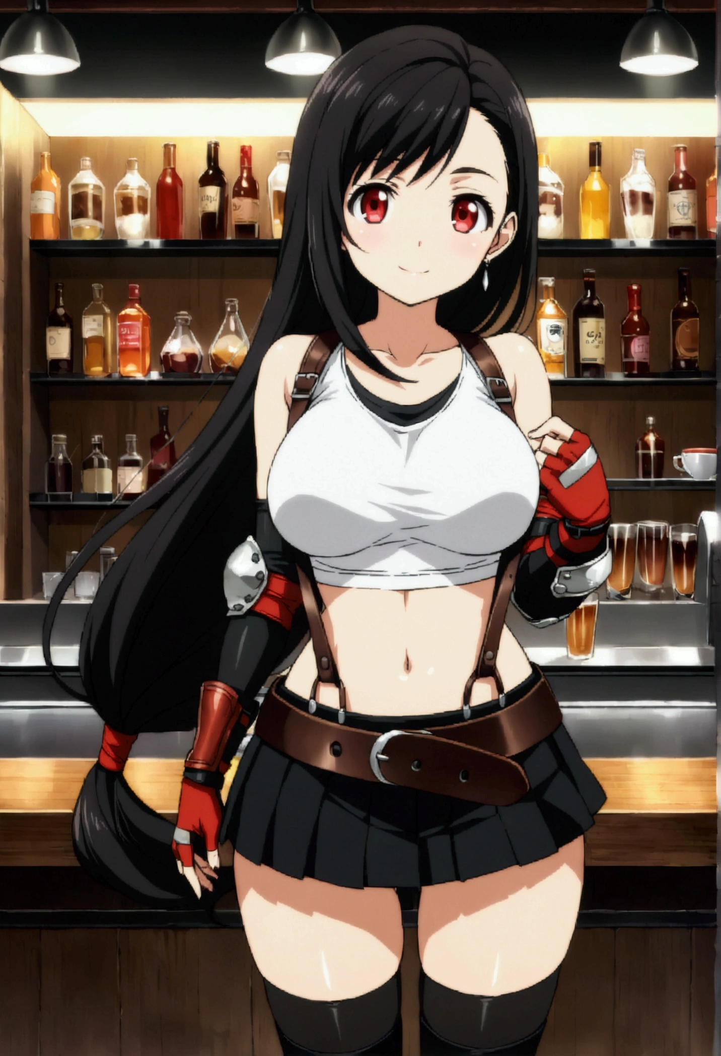 score_9, score_8_up, score_7_up,,8k,rating_safe BREAK ,(source_anime).front view,,breast focus,standing,contrapost pose,(upperbody),looking_at_viewer ,1girl, tifa lockhart, final fantasy, tareme,black hair, low-tied long hair, red eyes, bangs, (white tank top, belt, pleated skirt, thighhighs, elbow fingerless gloves, elbow pads, midriff, navel,suspender skirt) ,large_breasts,(light smile),,,Solo,,(daytime and cafebar),barcounter,slender_waist, (best quality),(aesthetic,very aesthetic),masterpiece,(high-resolution), (anime screenshot:0.5),(mid),(superior contrast.ultra sharp).,Retrospective,