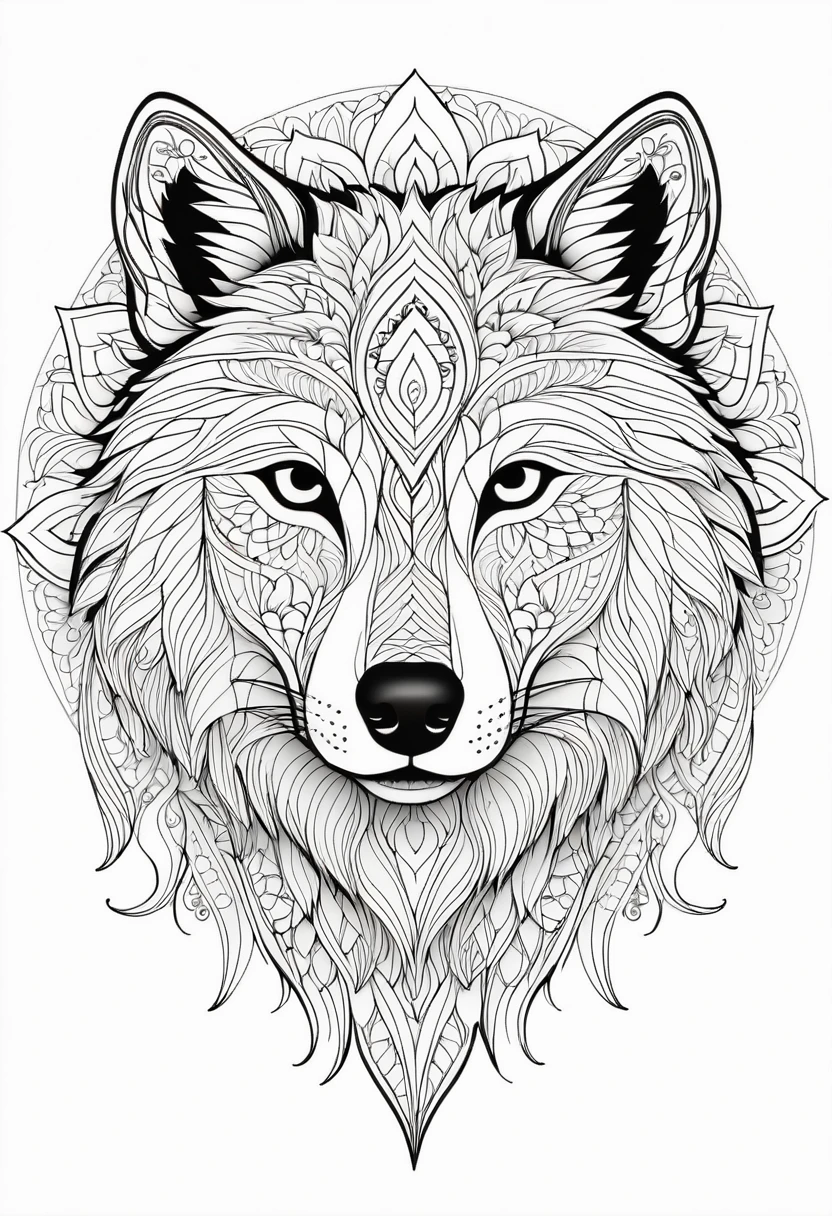 A striking black and white line art coloring page designed for adults with white background, featuring a majestic wolf in a mandala-inspired style. The wolf is adorned with intricate patterns that include floral and geometric designs, making it an engaging and detailed work of art. The illustration focuses on crisp, clean lines and bold outlines, without any shading or color, allowing the user to bring their own vibrancy to the piece. The minimalistic design, with its thick lines and absence of background details, creates a soothing coloring experience for adults seeking calming and creative activities. illustration