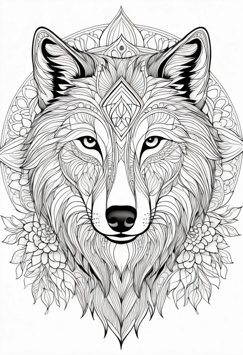 A striking black and white line art coloring page designed for adults with white background, featuring a majestic wolf in a mandala-inspired style. The wolf is adorned with intricate patterns that include floral and geometric designs, making it an engaging and detailed work of art. The illustration focuses on crisp, clean lines and bold outlines, without any shading or color, allowing the user to bring their own vibrancy to the piece. The minimalistic design, with its thick lines and absence of background details, creates a soothing coloring experience for adults seeking calming and creative activities. illustration