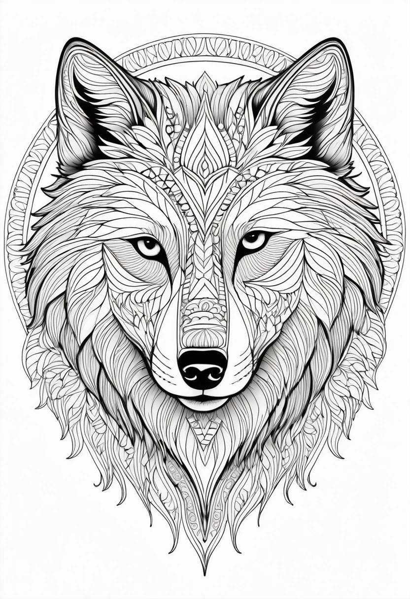 A striking black and white line art coloring page designed for adults with white background, featuring a majestic wolf in a mandala-inspired style. The wolf is adorned with intricate patterns that include floral and geometric designs, making it an engaging and detailed work of art. The illustration focuses on crisp, clean lines and bold outlines, without any shading or color, allowing the user to bring their own vibrancy to the piece. The minimalistic design, with its thick lines and absence of background details, creates a soothing coloring experience for adults seeking calming and creative activities. illustration