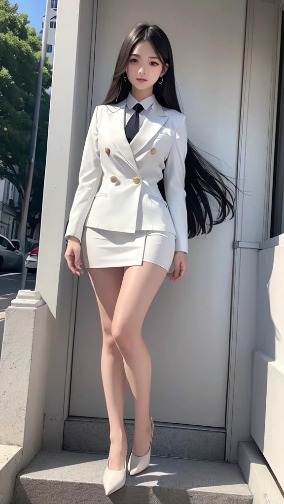 Highest quality, Masterpiece, 8D, Ultra high resolution, (reality:1.4), Two girls, beautiful expression, decorated with royal accessories, high military rank, symmetrical eyes, big, body proportionsที่สมบูรณ์แบบ, airline stewardess, ชุดสูทwhite, Short pencil skirt, high-heelsสีดำ, rift, ขนาดbig, look at the audience, (ที่ลานgardenสาธารณะ:1.2), Long legs(1.3), smile, body proportions, สวมmilitary rank insignia, Colonel rank, Monument backdrop, royal ceremony, business woman, beautiful woman, Wear a suit and tie, short skirt suit, business suitwhite, กระโปรงดินสอสั้นwhite, business suitรัดรูป, All white outfit, Emphasize the curves of the body, (สาวสวยTwo meter long hair, my hair is very long., extra long hair, long black hair), business suit, (Italian style suit, two button suit), (Italian suit, white สูท, Set of two buttons), (wearing a women&#39;s suit, Business Women Suit, white), (สูทผู้หญิงwhite), (เสื้อเชิ้ตwhite), necktie, (necktieสั้นสีดำ, necktieสีดำ, necktieผอม, ถักnecktie), (military rank insignia), (Short pencil skirtwhite), (Dynamic posts), full body, (riftขนาดมหึมา), (หน้าอกbig, thin body, small waist, hips raised, small thighs, Long legs), high-heelsสีดำ, (Short pencil skirt, white), Wearing a suit for a business woman, (Wearing a white businesสูท, business suitหญิงwhite), (tight, military regalia, เสื้อwhite, กระโปรงwhite), Long legs, (black shoes), (Two gold สูท buttons, Two meter long hair, Form fitting suit, เสื้อสูทwhiteทรงธรรมดารัดรูป), (black shoes, high-heels), (stand, walk, elegant gesture, Dynamic posts), short dress, earring, garden, Modeling, ภาพfull body, เหมือนfull body