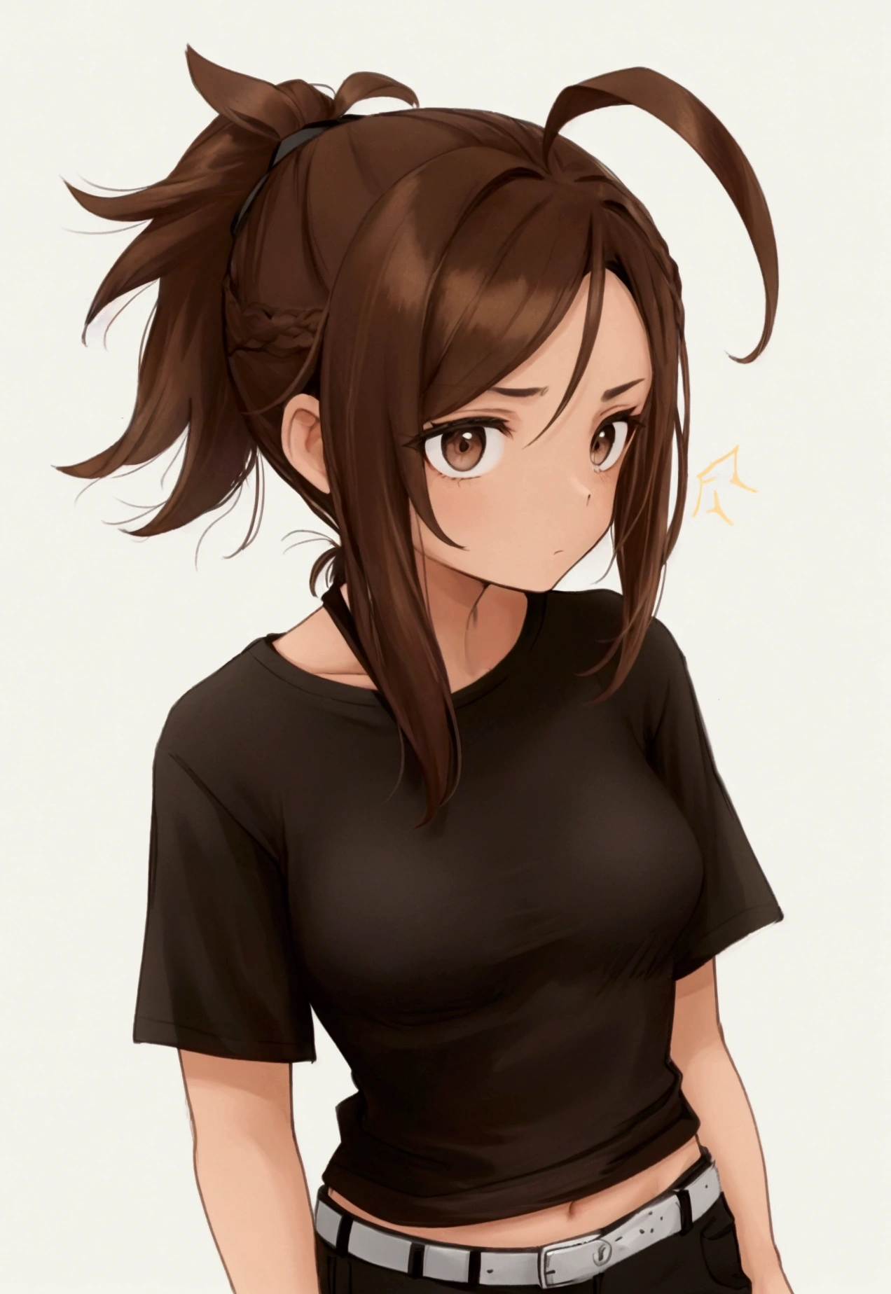 Brown hair, pulled back into a ponytail, Brown eyes, blank look, bright skin, black T-shirt and black shorts