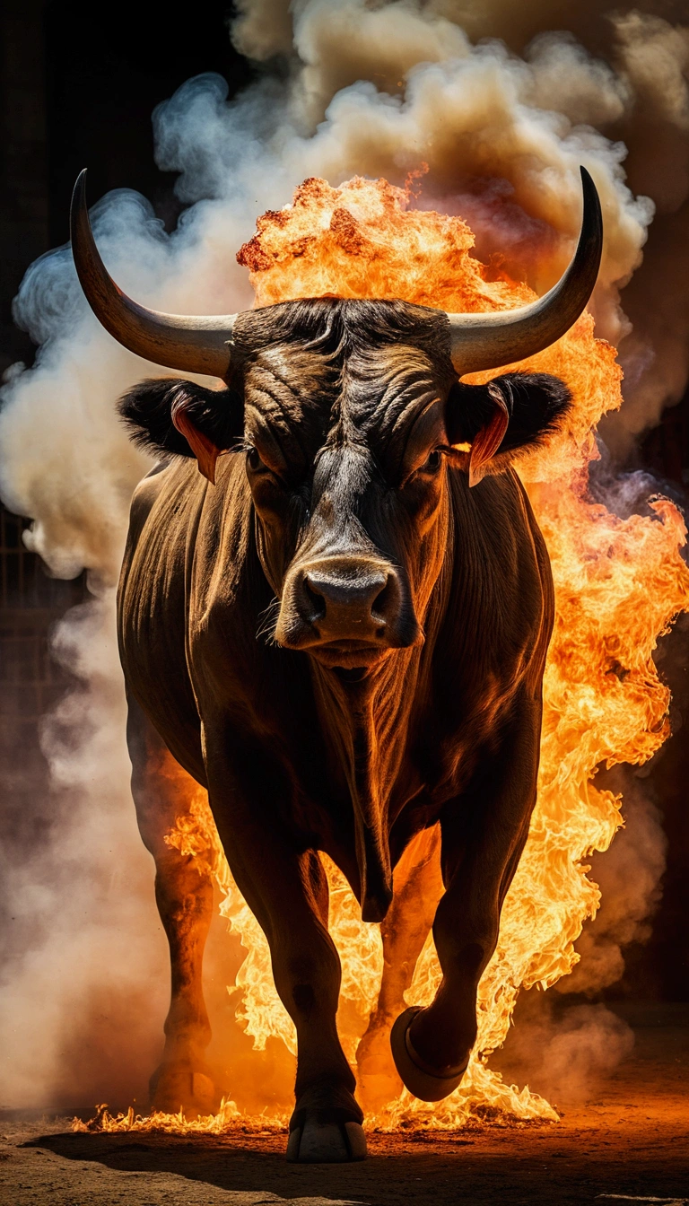 Image is a horrifying scene of the Brazen Bull being heated. Flames are visible under the bull, and smoke rises. The victim’s screams are shown emerging from the bull, converted into sounds resembling a bull's roar. The lighting is fiery and intense.