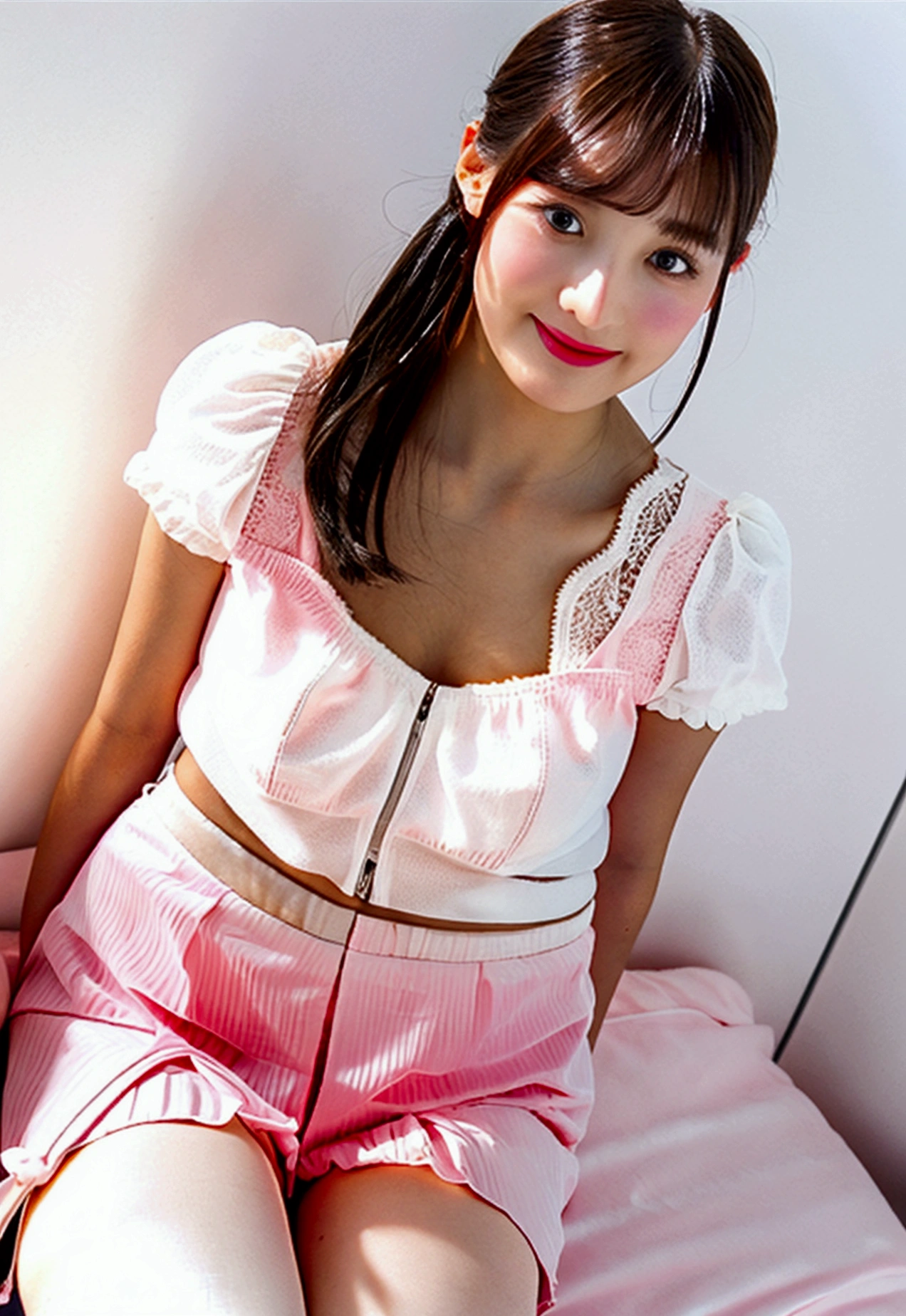 Ordinary pantyhose、ultra-detailliert、​masterpiece、top-quality、超A high resolution、in 8K、high-level image quality、Real live-action、Photogenic clarity、A detailed eye、gradients、perfect anatomy body proportions ,hard disk、nffsw , Nikon Z9 80mm Lens 、masutepiece、Cinematic lighting, Physically-based rendering, Award-winning, highlydetailed skin, extra detailed face, Eyes with beautiful details、White Lace Lingerie Pantieinuscule panties、Fancy panties、Detailed panty patterns、panties focus、(((Pink cotton material tight mini skirt))), Light orange tank top、18-year-old adult female, (Beautiful bright clear brown hair, High ponytail、Looking at the camera、Daytime street、(((Beautiful alignment and snow-white teeth)))、Sparkling eyes、sparkly eyes、Shiny lips with lip gloss、Too bright natural light、The Bright Sun、