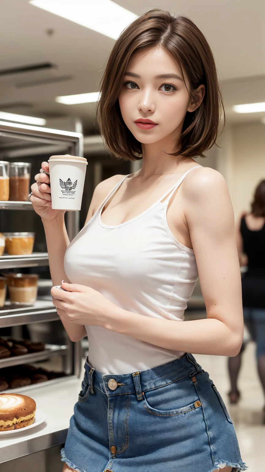 ((best quality, 8k, masterpiece :1.3)), (sharp focus :1.2, Beautiful woman with perfect body :1.4, slim abs :1.2), ((big bust, emphasize division:1.3)), (Photorealistic:1.4), (realistic:1.4), (cute short hair, light brown hair:1.5), Highly detailed face and skin texture, fine particles, double eyelid. makeup face, a little lipstick, Sex appeal, sexy etching pose, ((White tank top and denim mini skirt、Cafeteria in the background、She poses with her camisole down, exposing her shoulders, and holding a coffee cup......。:1.3)