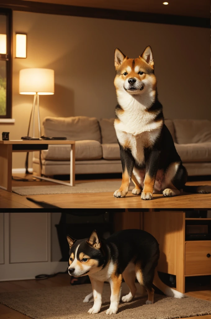 The Shiba Inu finally puts down the gaming device, covering its eyes with both paws in pain. The living room is now darker, with the background showing a clock indicating late night. The Shiba Inu’s expression shows discomfort and relief from stopping