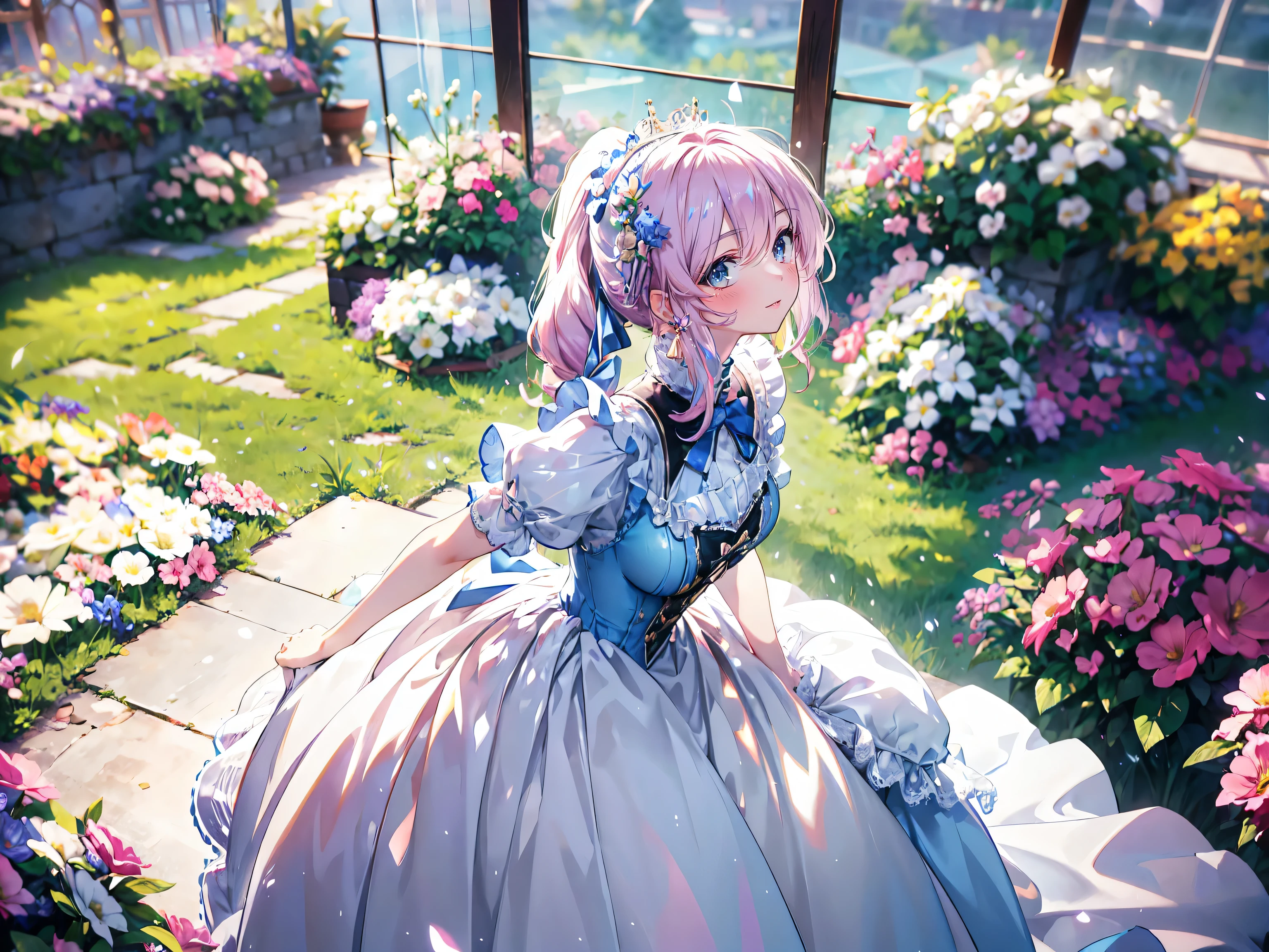 ((Masterpiece, ultra detailed, exquisite quality)), (anime moe art style:1.3), (((young face solo princess))), (((incredibly cute rococo victorian gown with long hems, voluminous princess style skirt, elaborate lace gown))), (huge breasts), breasts cleavage, ((hair light pink hair)), ((fluffy long Expressive ponytail)), (leaning forward, looking up, from above, front view, facing at viewer:2), kawaii face, head tilt, shy smile, (face focus, eyes focus, blurry background, depth of field:2), (isometric 3D, octane render, ray tracing:1.5), backlighting, particle effect, (hyper detail delicate eyes, hyper beautiful eyes), (eyes blue eyes), (lot's of colorful flowers, sparkling glass classic greenhouse:1.5),