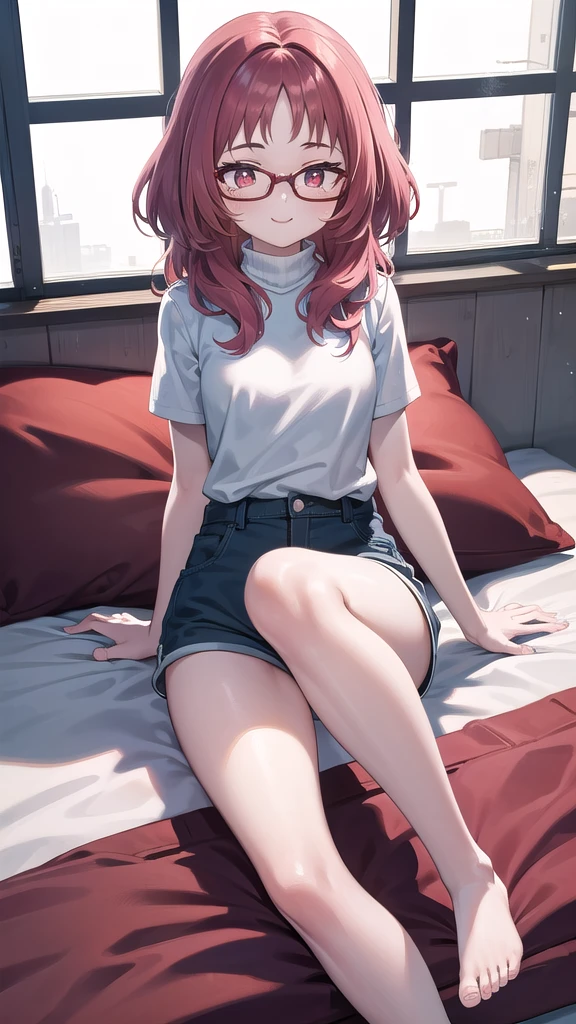 masterpiece, perfect lighting, (beautiful, best quality: 1.3), perfect eyes, perfect anatomy, absurd, 8k, 1 girl, bare legs, black stockings, blue shorts, in love, red eyes, feet, red glasses, medium hair , long hair, red hair, eyes wide open, smiling in front, small breasts, sitting, yellow turtleneck sweater, room with bed and stuffed animals