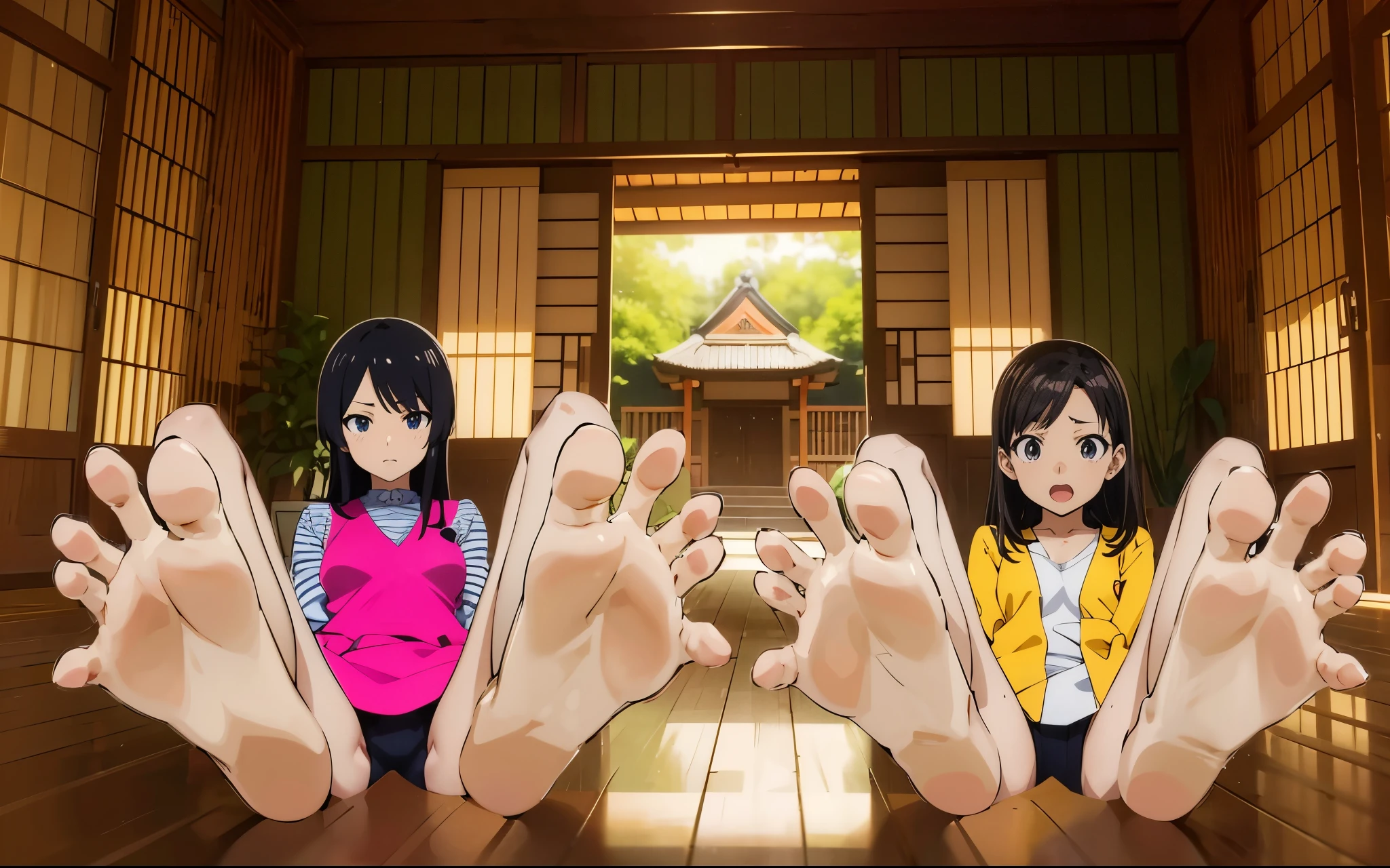anime characters with their hands in the air in a room, realistic anime 3 d style, slice of life anime, 日本のanimeーションスタイル, Nagatoro, still from tv anime, anime! 4K 円, anime! 4K, in anime style, in japanese anime style, Japanese manga style, anime style 4K 円, anime style. 8k, Sentai Heroine, Samurai Sentai Shinkenger, Mako Shiraishi, Kaori, Sole, 2 women