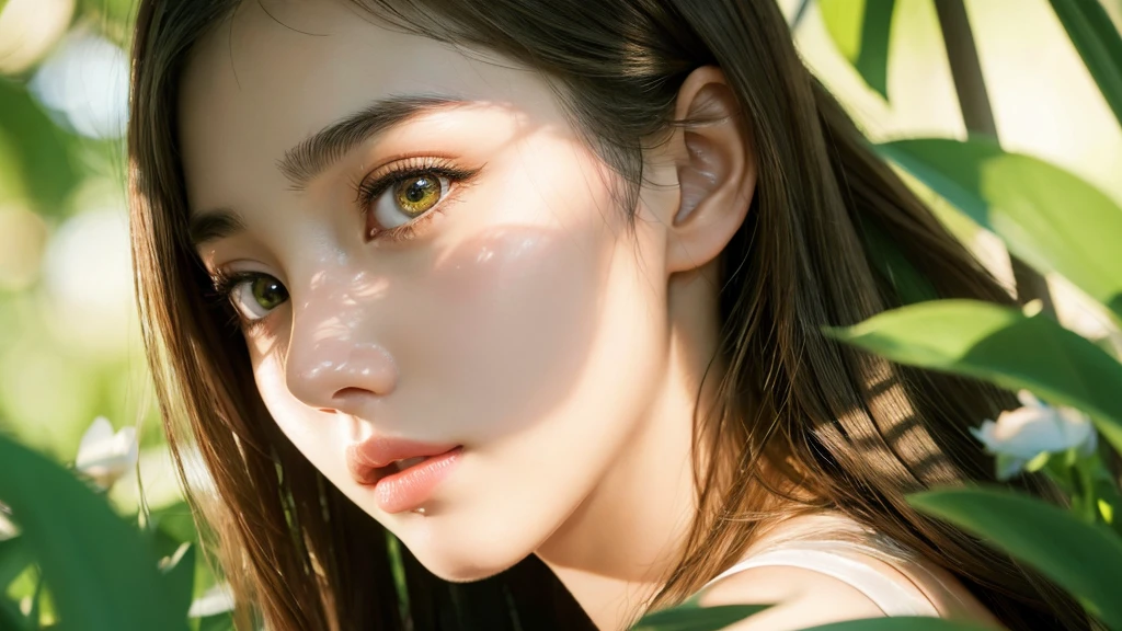 High-resolution portrait of a young woman with large, expressive almond-shaped eyes, long eyelashes, and a soft gaze. Bright green irises with golden flecks, reflecting warm sunlight. Photorealistic style with attention to detail in the eye area