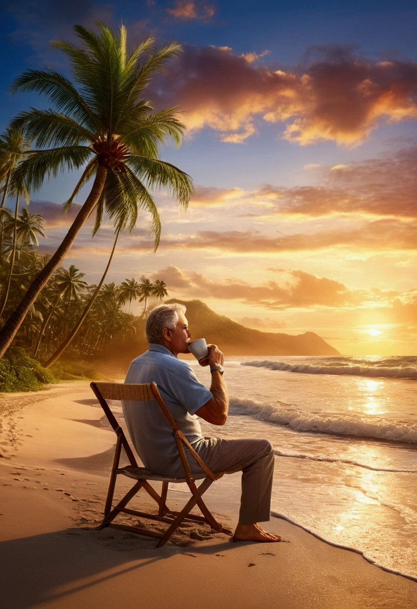 a middle-aged man sitting on a beach, drinking coffee, beautiful tropical beach scenery, ocean waves, palm trees, stunning sunset sky, photorealistic, highly detailed, cinematic lighting, vibrant colors