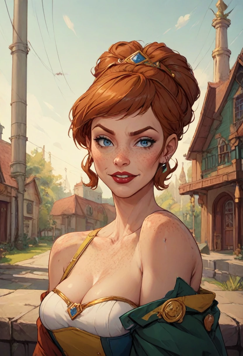 ((masterpiece, best quality)), Disney reference, (Anna), Anna smirks, lipstick, freckles on face, upper body: bare shoulders, skinny