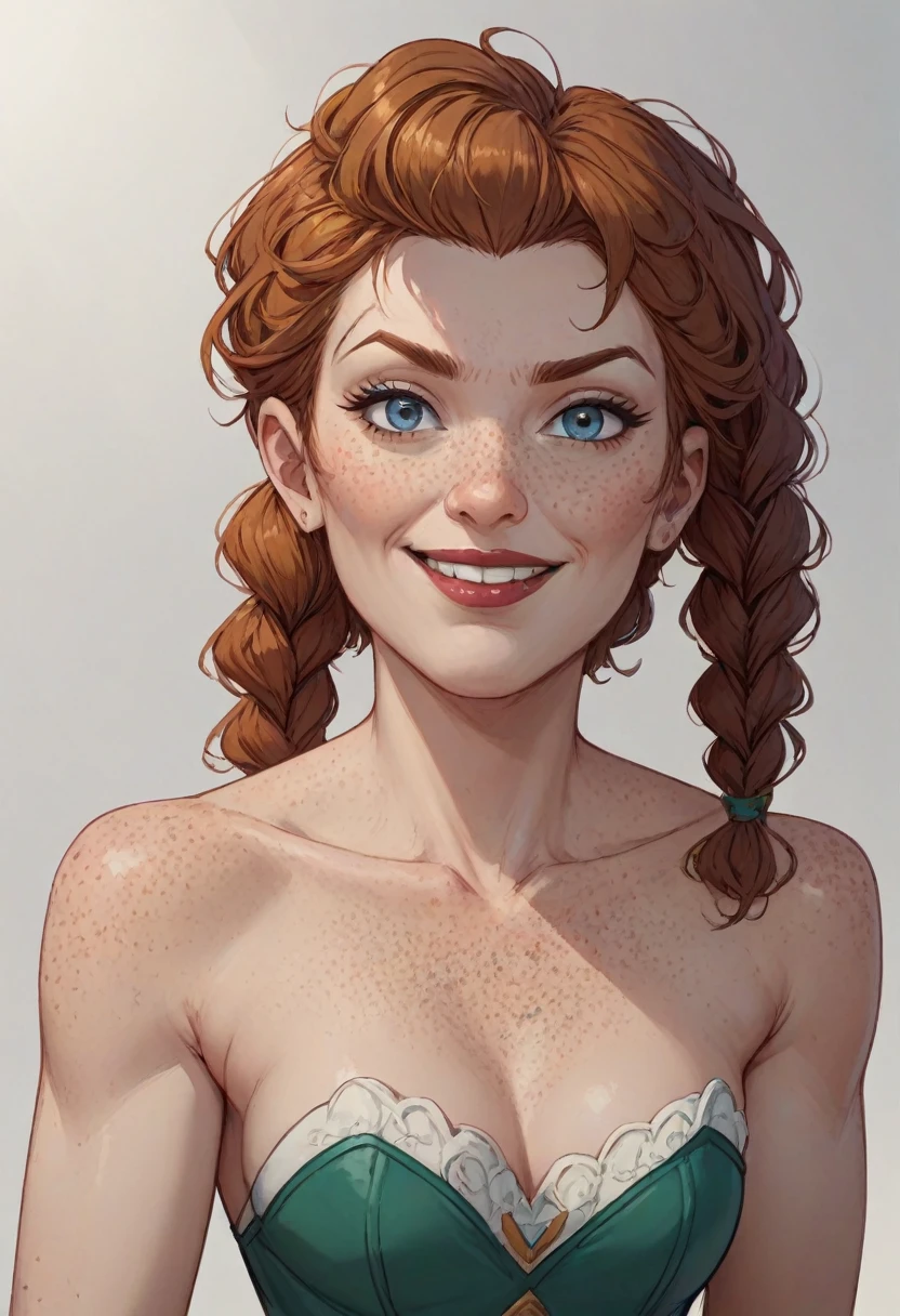 ((masterpiece, best quality)), Disney reference, (Anna), Anna smirks, lipstick, freckles on face, upper body: bare shoulders, skinny