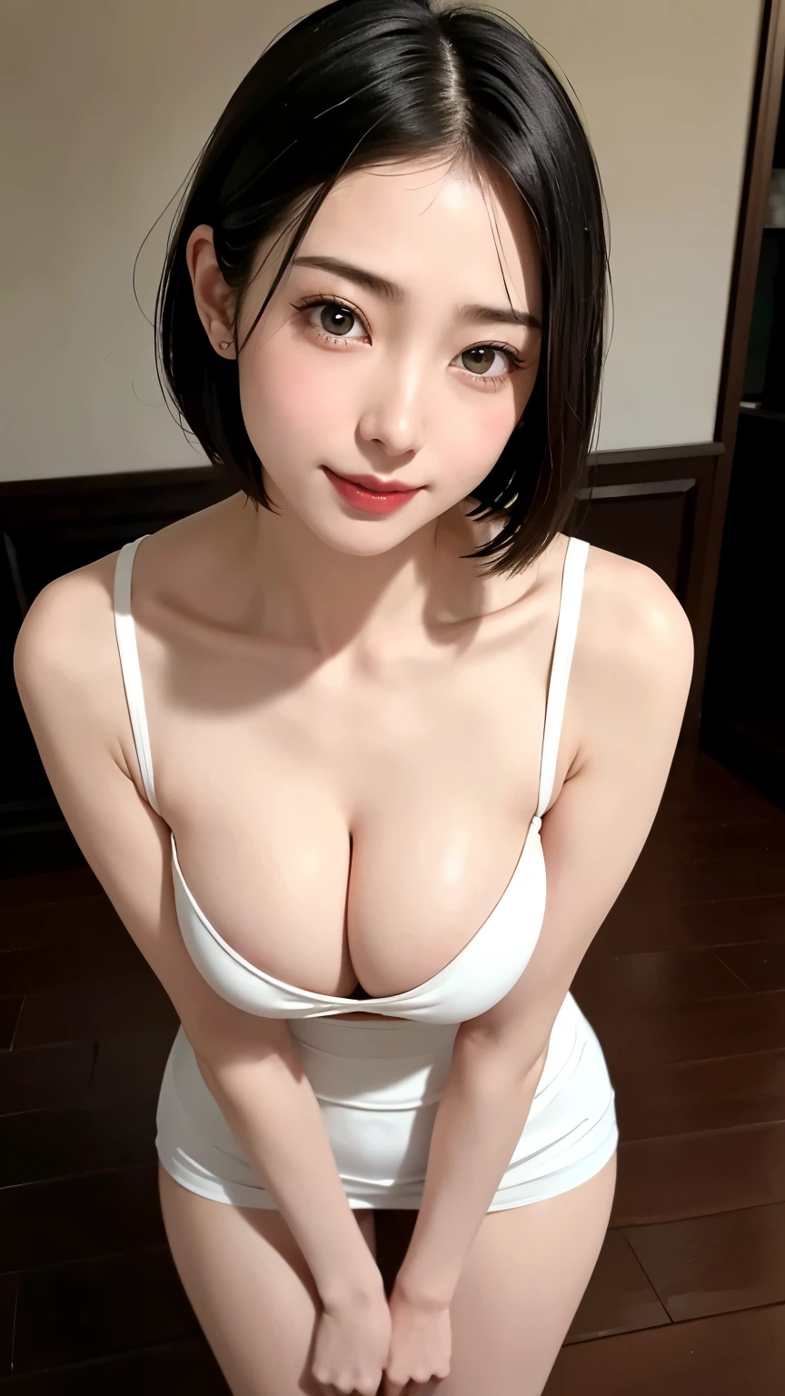 Highest quality、masterpiece、8k、Very detailed、Realistic、Looking at me with a smile、whole body、Black Hair、Short Hair、Small face、Slender、Saggy big breasts、Thin and beautiful legs、narrow and constricted waist,、Completely naked、Lying on one&#39;s back on the bed、legs spread wide apart、Having sex in the missionary position、whole bodyが汗まみれ、A pussy with a dick in it、Angle of sexual intercourse