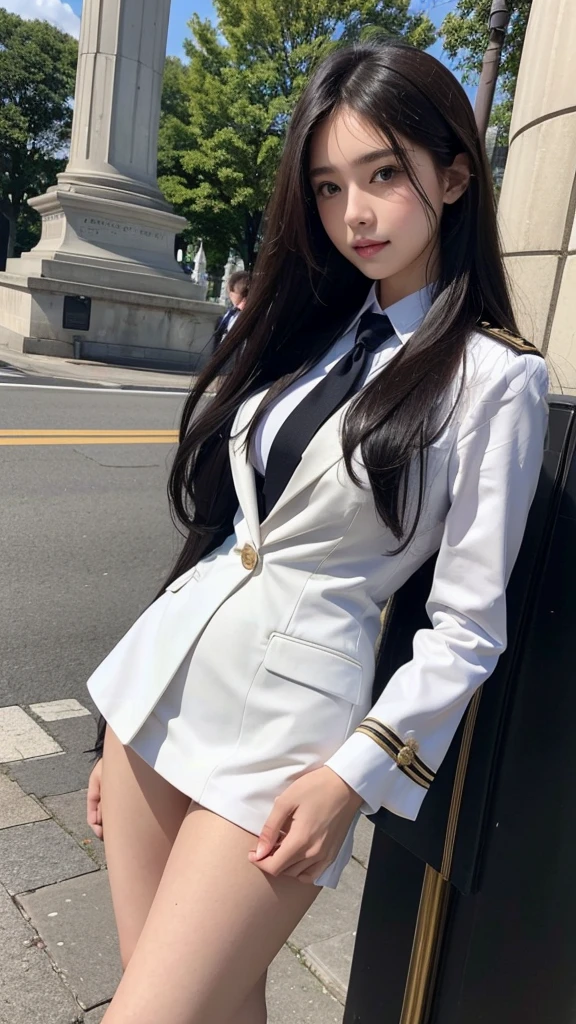 Highest quality, Masterpiece, 8D, Ultra high resolution, (reality:1.4), Two girls, beautiful expression, decorated with royal accessories, high military rank, symmetrical eyes, big, body proportionsที่สมบูรณ์แบบ, airline stewardess, ชุดสูทwhite, Short pencil skirt, high-heelsสีดำ, rift, ขนาดbig, look at the audience, (ที่ลานgardenสาธารณะ:1.2), Long legs(1.3), smile, body proportions, สวมmilitary rank insignia, Colonel rank, Monument backdrop, royal ceremony, business woman, beautiful woman, Wear a suit and tie, short skirt suit, business suitwhite, กระโปรงดินสอสั้นwhite, business suitรัดรูป, All white outfit, Emphasize the curves of the body, (สาวสวยTwo meter long hair, my hair is very long., extra long hair, long black hair), business suit, (Italian style suit, two button suit), (Italian suit, white สูท, Set of two buttons), (wearing a women&#39;s suit, Business Women Suit, white), (สูทผู้หญิงwhite), (เสื้อเชิ้ตwhite), necktie, (necktieสั้นสีดำ, necktieสีดำ, necktieผอม, ถักnecktie), (military rank insignia), (Short pencil skirtwhite), (Dynamic posts), full body, (riftขนาดมหึมา), (หน้าอกbig, thin body, small waist, hips raised, small thighs, Long legs), high-heelsสีดำ, (Short pencil skirt, white), Wearing a suit for a business woman, (Wearing a white businesสูท, business suitหญิงwhite), (tight, military regalia, เสื้อwhite, กระโปรงwhite), Long legs, (black shoes), (Two gold สูท buttons, Two meter long hair, Form fitting suit, เสื้อสูทwhiteทรงธรรมดารัดรูป), (black shoes, high-heels), (stand, walk, elegant gesture, Dynamic posts), short dress, earring, garden, Modeling, ภาพfull body, เหมือนfull body