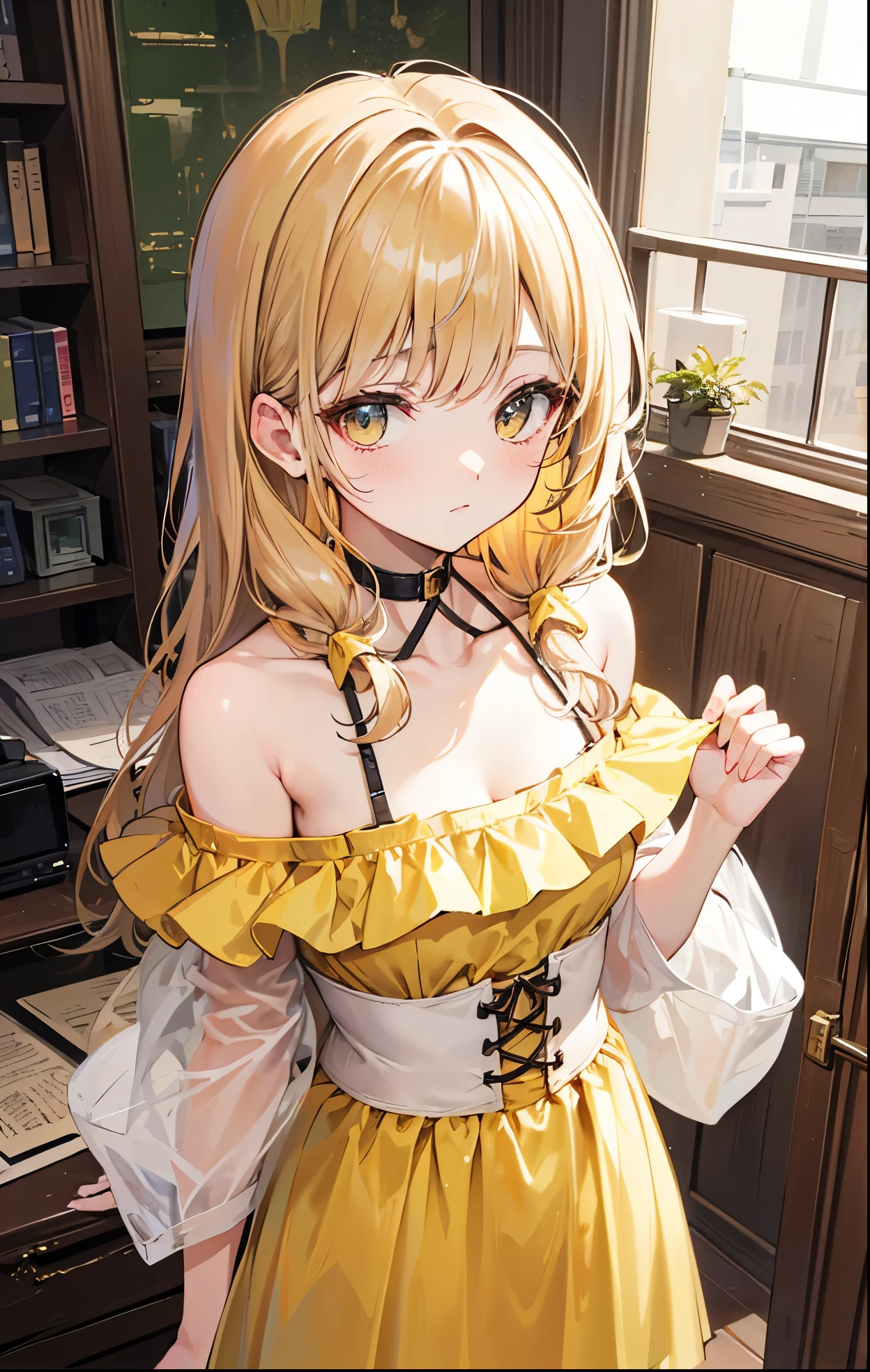 Brown shoulder length hair，Light yellow clothes with white inner wear，Metal choket，Cute and adorable little wife