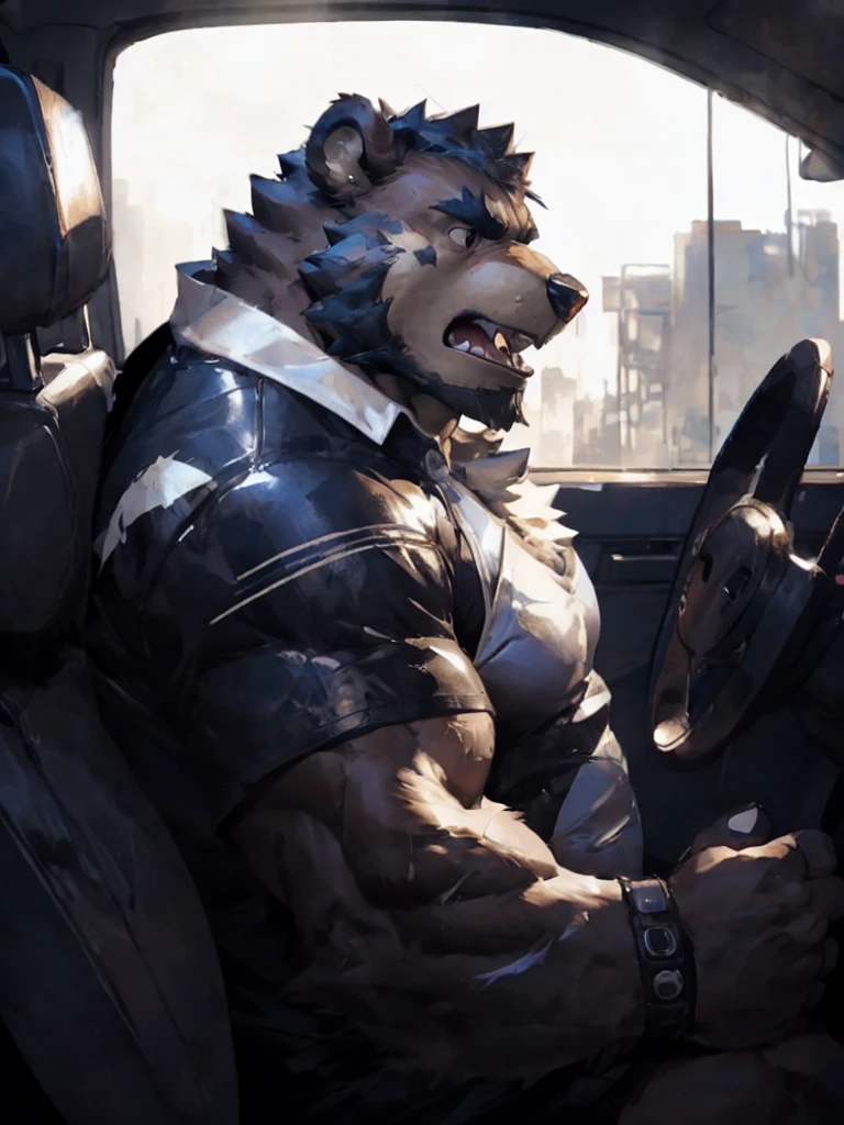 furry character,A very tall and strong bear,His fur is black,He sat in the driver's seat,His face looked frightened and he struggled,His mouth was blocked by a black sticky substance,He opened his mouth and tried to spit out the black sticky substance,(black eyes:1.5),by null-ghost,by lindong