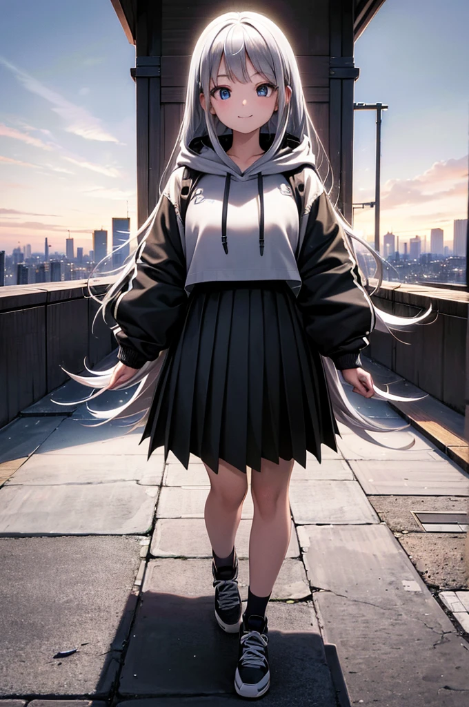(masterpiece), (best quality), (ultra detailed), (high res 8K), 1 girl, late age, standing, full body, bird's eye view, hoody, mini-skirt, silver hair, smile, looking away, cityscape in Tokyo, morning, in summer, high contrast, professional lighting, stunning face, symmetrical clear eyes, detailed eyes and face