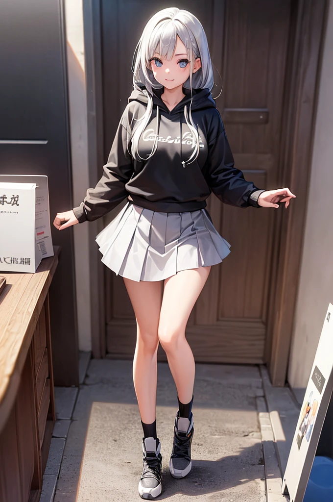 (masterpiece), (best quality), (ultra detailed), (high res 8K), 1 girl, late age, standing, full body, bird's eye view, hoody, mini-skirt, silver hair, smile, looking away, cityscape in Tokyo, morning, in summer, high contrast, professional lighting, stunning face, symmetrical clear eyes, detailed eyes and face