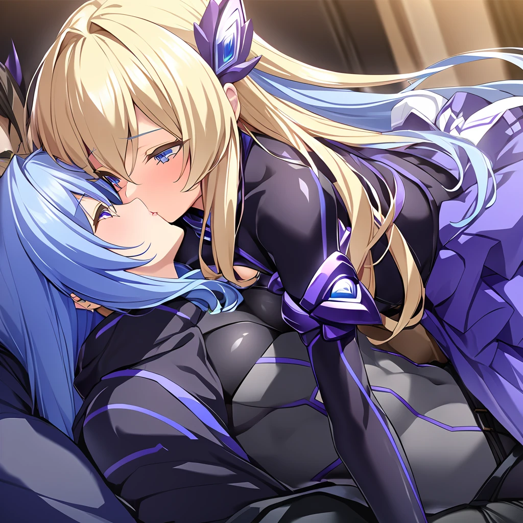 ((Highest quality)), ((masterpiece)), (detailed), (Perfect Face)、The woman is an Exstia, a transforming heroine with semi-long blue hair.、The man is the evil leader, Naioro, a handsome man with medium-long blonde hair and a black bodysuit.、A woman and a man are hugging each other, kissing, making love and having sex