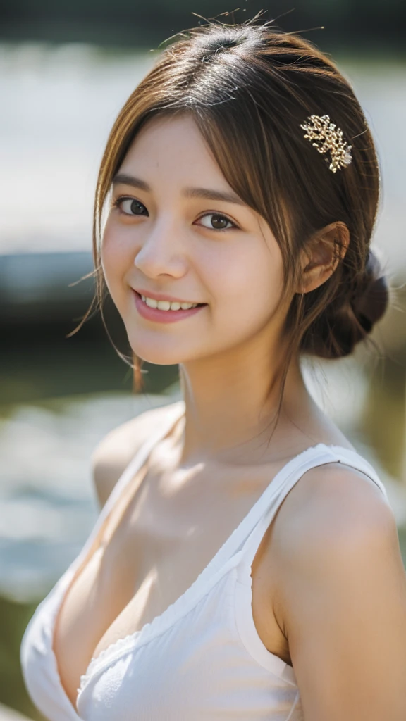(masterpiece:1.3), (8k, Photorealistic, RAW Photos, Best image quality: 1.4), Japanese 、(Random hairstyle:1.2,)、Super detailed face、Pay attention to the details、double eyelid、Beautiful woman:1.4、Brown Hair、Highest quality、masterpiece、(Photorealistic:1.4、Me at the riverbank、Japanese high school students、Very large breasts、thin色の透け透け下着姿)、Highly detailed and professionally lit smile、thin、Buckshot、