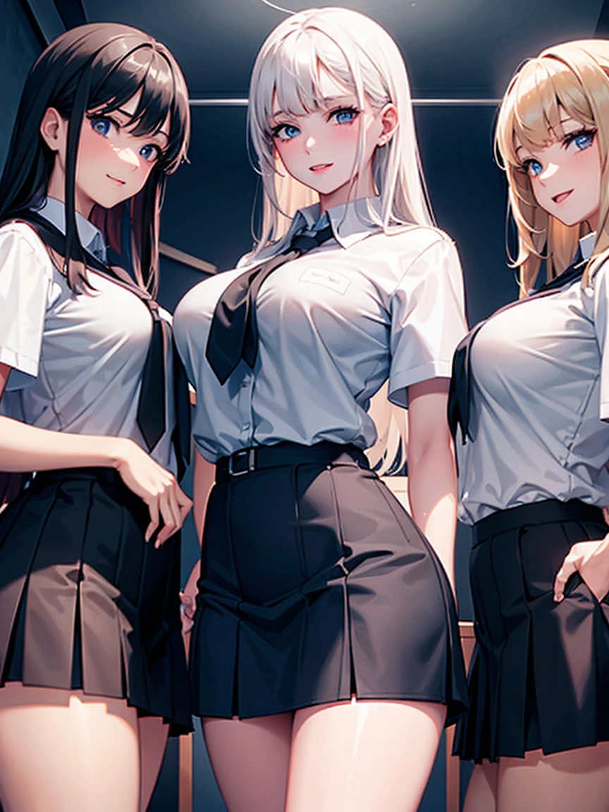 (3girls), (3 young schoolgirls), navy school shirt, red school skirt, putting on a show for the viewer, classroom, dusk, (dim lighting), devious smile, (three Sexy girl), [platinum blonde hair, tall, grey eyes, pale skin, big breasts], [dark brown hair, hazel eyes, tan skin, big ass], [black hair, light blue eyes, medium tits, short] (Masterpiece), (Best quality), (8k)