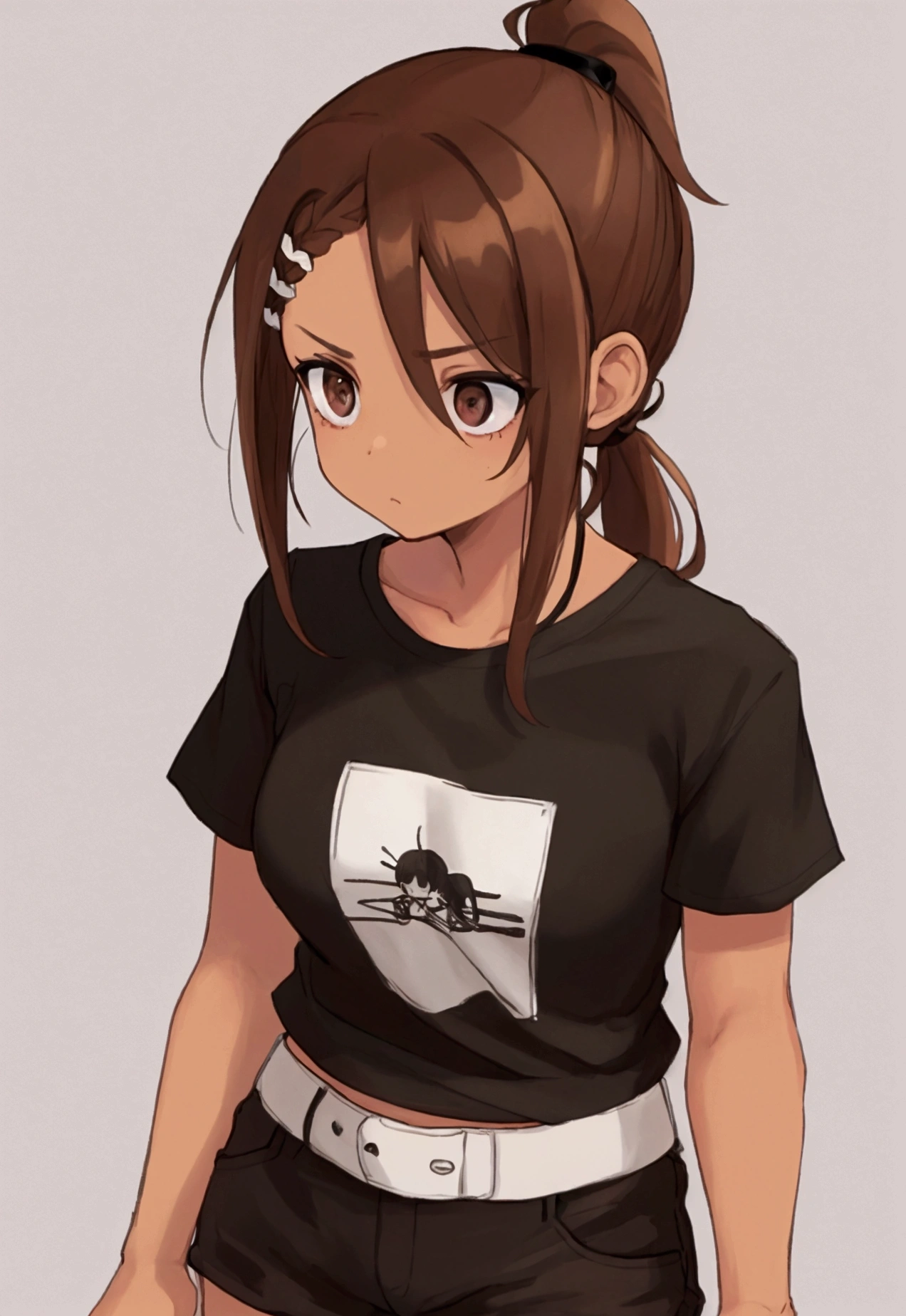 Brown hair, pulled back into a ponytail, Brown eyes, blank look, bright skin, black T-shirt and black shorts