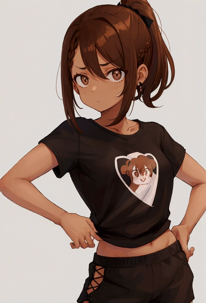 Brown hair, pulled back into a ponytail, Brown eyes, blank look, bright skin, black T-shirt and black shorts