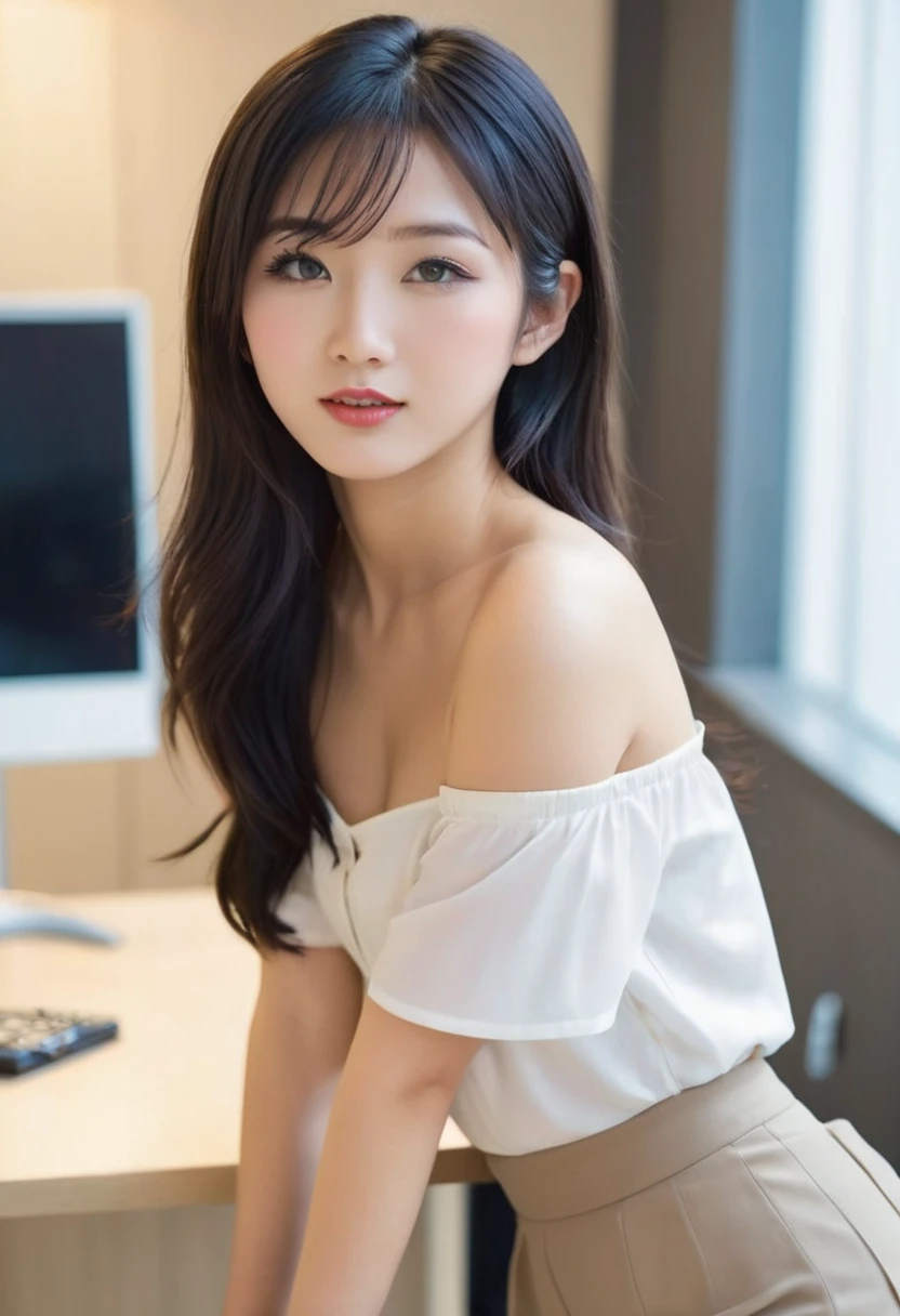 1girl, high quality, high resolution, 4k, 22 year old beautiful asian girl, perfect face, pretty mouth, very slim, tall. black hair, off shoulder, sexy secretary clothes, trousers, shirt, high heels, lips, realistic, nose, flirting with camera, bending on table, nice ass, looking seductively at viewer
