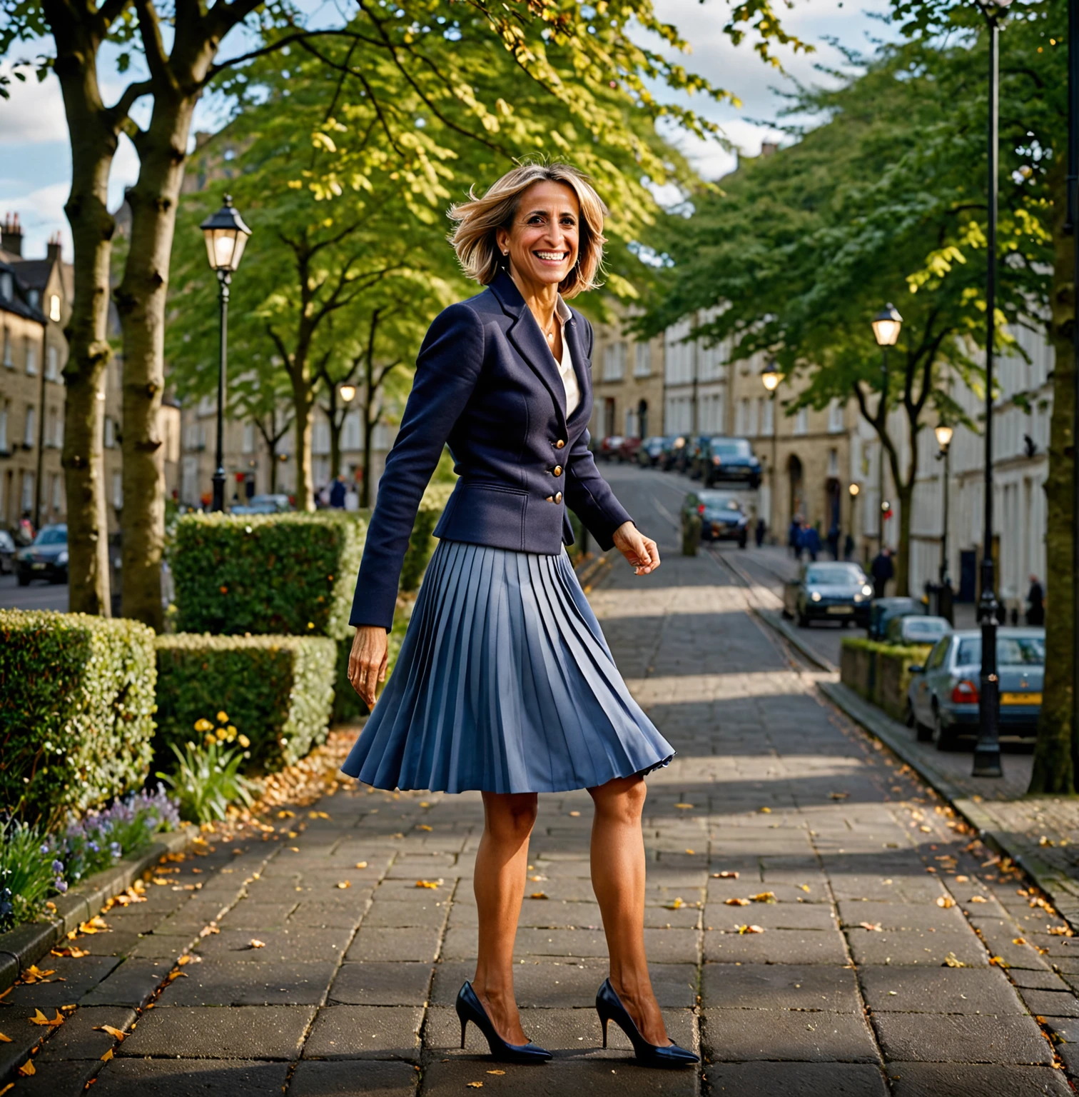 Emily Maitlis, A smiling, authentic, (shy:1,3), kind, beautiful woman, is passionately in love with her skirt, wind wildly lifts her skirt, wearing uniform jacket and very, very detailed (long (fully pleated) full circle skirt) and (low heeled court shoes), very, very intricate hyper-detailed symmetric (attractive graceful young feminine face) with (sad, tired eyes and a loving smile), very voluptuous breasts, full of empathy and compassion and love, (pronounced (feminine) features), (highly detailed ultra accurate realistic) hands and fingers, (windy), epic composition, highly detailed attributes, (35mm f1.4 Kodak portra 400 photograph), extremely high quality RAW photograph, highly detailed atmosphere, sci-fi, cinematic shot, dynamic lighting, 75mm, Technicolor, Panavision, cinemascope, sharp focus, fine details, 8k, HDR, realism, realistic, key visual, film still, superb cinematic color grading, depth of field