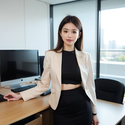 (8k, Highest quality, Super detailed:1.37), (Janet), 18-year-old, (Sophisticated African College Girl), Create a professional atmosphere in a modern office environment. Tailored blazer and pencil skirt combo, She displays impeccable style and a confident attitude.. 高解像度の画像はSuper detailedなリアリズムを捉えます, highlighting Janet's captivating eyes, Long eyelashes, Perfect Skin. A sophisticated office environment that exudes a sophisticated atmosphere, creating a visually stunning representation of Janet's professional image.