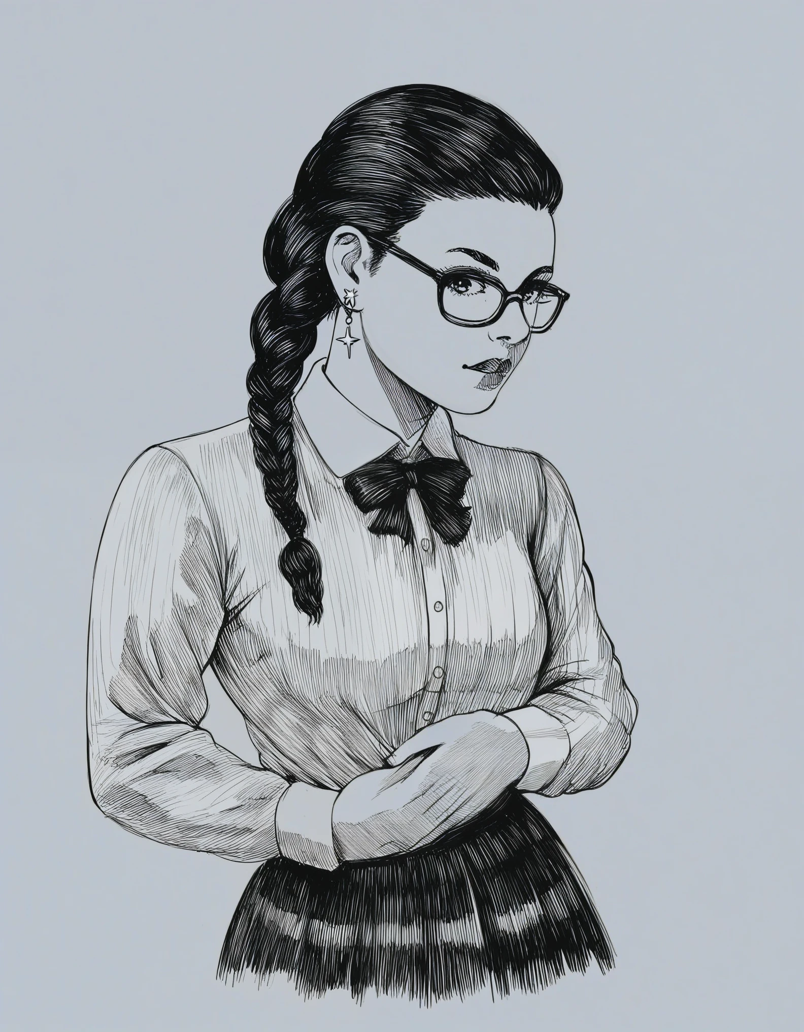 teenage, sp1t, monochrome, hyper detailed hatching shading, bounce light, 1girl,solo,looking at viewer, standing,dark hair, braids,earrings,,glasses, collared shirt,long sleeves,black skirt, simple background, upper body,
