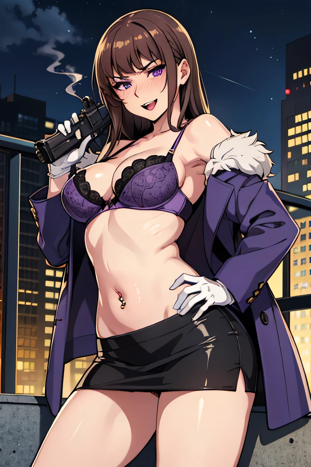 risaoneechan, risa oneechan, long hair, bangs, (brown hair:1.2), (purple eyes:1.2), smile,
blush, lipstick, long hair, crazy eyes ,Hot girl, baddie, staring, glaring, bad attitude, mean girl, dare, angry, hate, crazy, smoking, sensual, attractive, outdoors, rooftop, cityscape, building, railing, night, night sky, scenery, city lights, fur trim, mature female, gloves, fur-trimmed coat ,masterpiece, best quality, highly detailed, a girls with a gun, open mouth, blazer, sexy gaze, (nsfw) not
safe for work, badass pose , evil smile, smile, black bra, anime girl with long hair, long haired girl,
navel, evil expression, exposed belly, exposed navel, exposed midriff, exposed lower belly, micro
miniskirt, micro pencil skirt, pencil skirt ,holding a gun, navel piercing, 