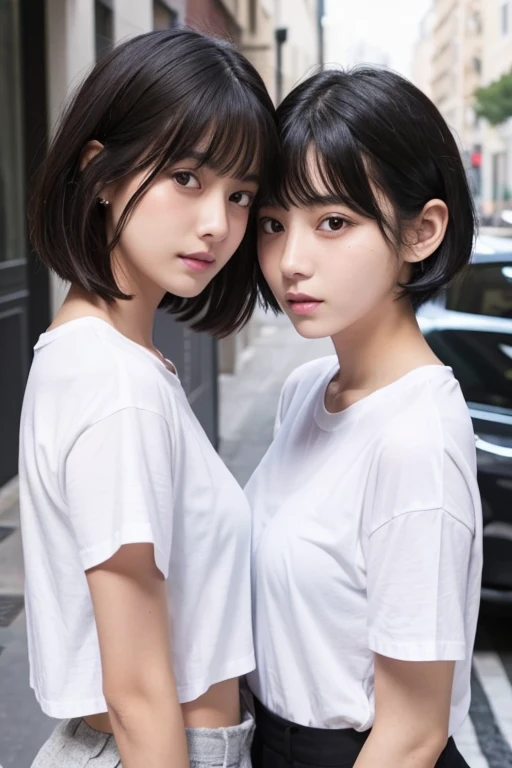 2 girls, identical-looking twin, white T-shirt, black hair, short hair