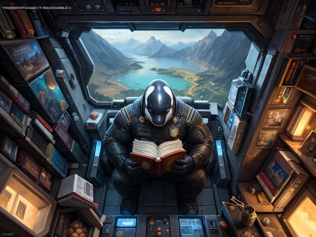 (Orca), muscular, pecs, spacesuit, (jumpsuit), (pointy ears), (solo:1.4), An orca with pointy ears in hi-tech spaceship reading a book,, (absurd res), ((ultra high resolution)), (((masterpiece quality))), ((isometric view)), ((breathtaking painstakingly detailed background)), ((impressive lighting)), ⫷|⫸ foxovh, sligarthetiger, cumbread, gammainks, seibear, lollipopcon, dizzyknight, greasymojo, xpray, roly, honovy, taran fiddler, kenket, riendonut, Bayard Wu, Thomas Benjamin Kennington, Duase, ⫷|⫸, ⫷|⫸