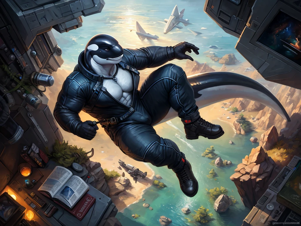 (Orca), muscular, pecs, spacesuit, (jumpsuit), (pointy ears), (solo:1.4), An orca with pointy ears in hi-tech spaceship reading a book,, (absurd res), ((ultra high resolution)), (((masterpiece quality))), ((isometric view)), ((breathtaking painstakingly detailed background)), ((impressive lighting)), ⫷|⫸ foxovh, sligarthetiger, cumbread, gammainks, seibear, lollipopcon, dizzyknight, greasymojo, xpray, roly, honovy, taran fiddler, kenket, riendonut, Bayard Wu, Thomas Benjamin Kennington, Duase, ⫷|⫸, ⫷|⫸