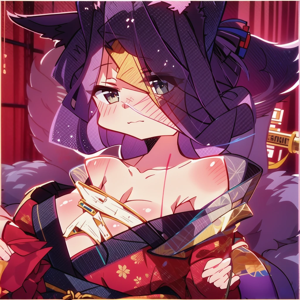 She is in a suggestive pose, highlighting her chest and cleavage while looking at her breasts and shaking them deductively. ,yozora, purple hair, long hair, kimono, cleavage, strapless, sash, long sleeves