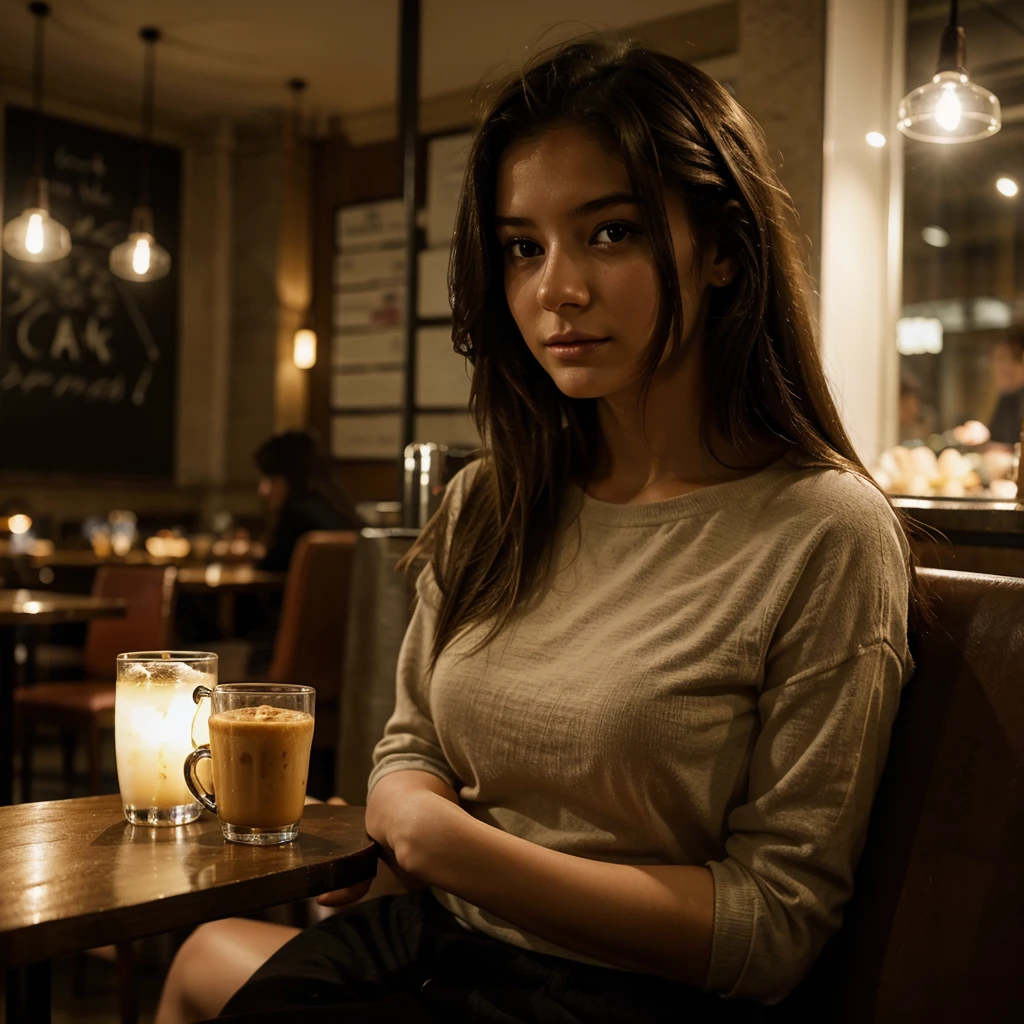 young female, 23 ans, Appareil photo iPhone, beautiful hair ,  sitting in a cafe, DARK LIGHT,